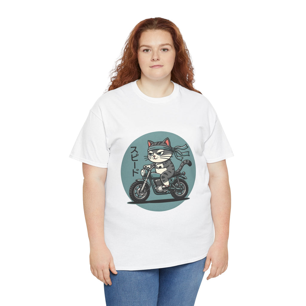 Cat Biker T‑Shirt — Retro Motorcycle Cat with Japanese “Speed” Text