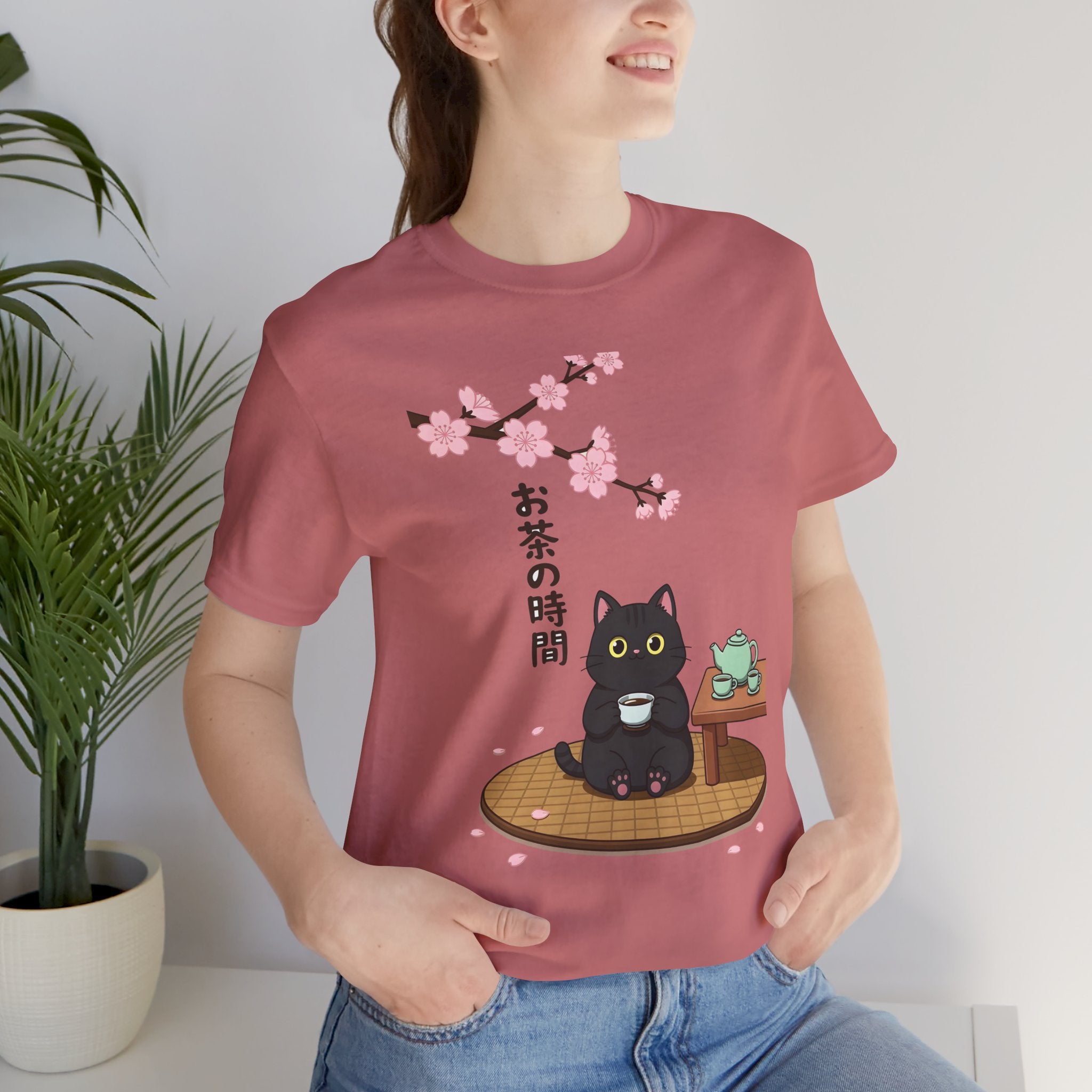 Cat Tea Time T-Shirt — Kawaii Black Cat with Sakura and Teapot