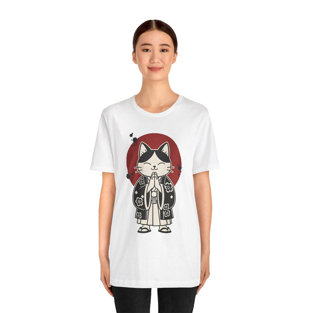 Samurai Cat T‑Shirt — Cute Praying Cat with Red Sun Graphic