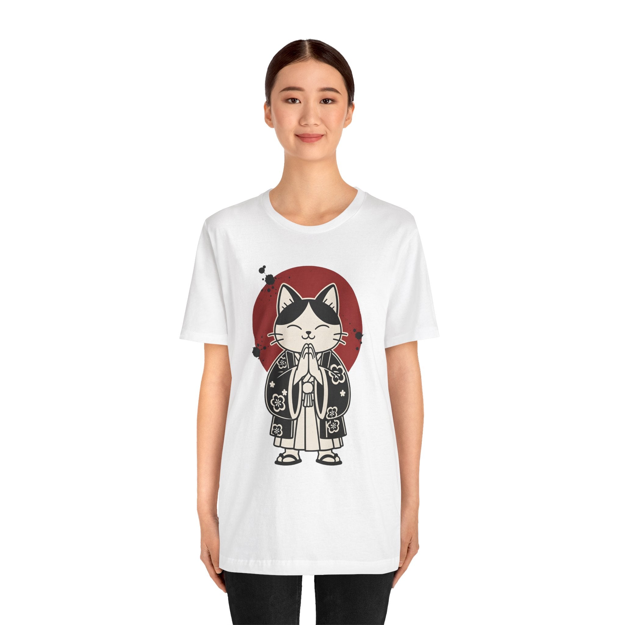 Samurai Cat T‑Shirt — Cute Praying Cat with Red Sun Graphic