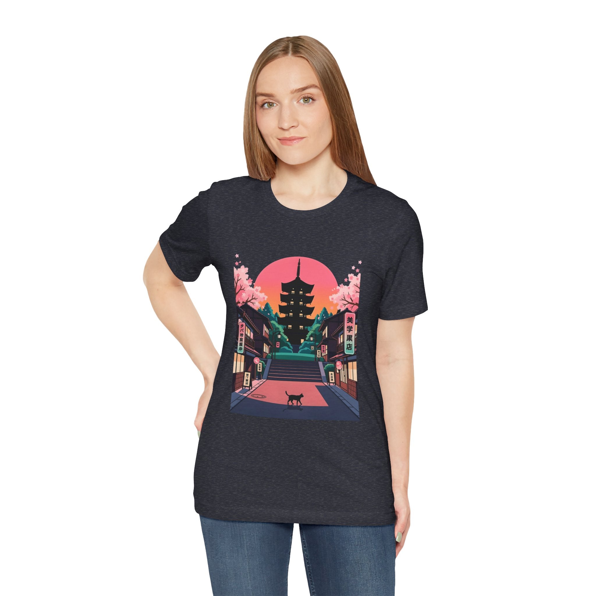 Japanese Pagoda Sunset Tee — Sakura Street Cat Graphic T-Shirt