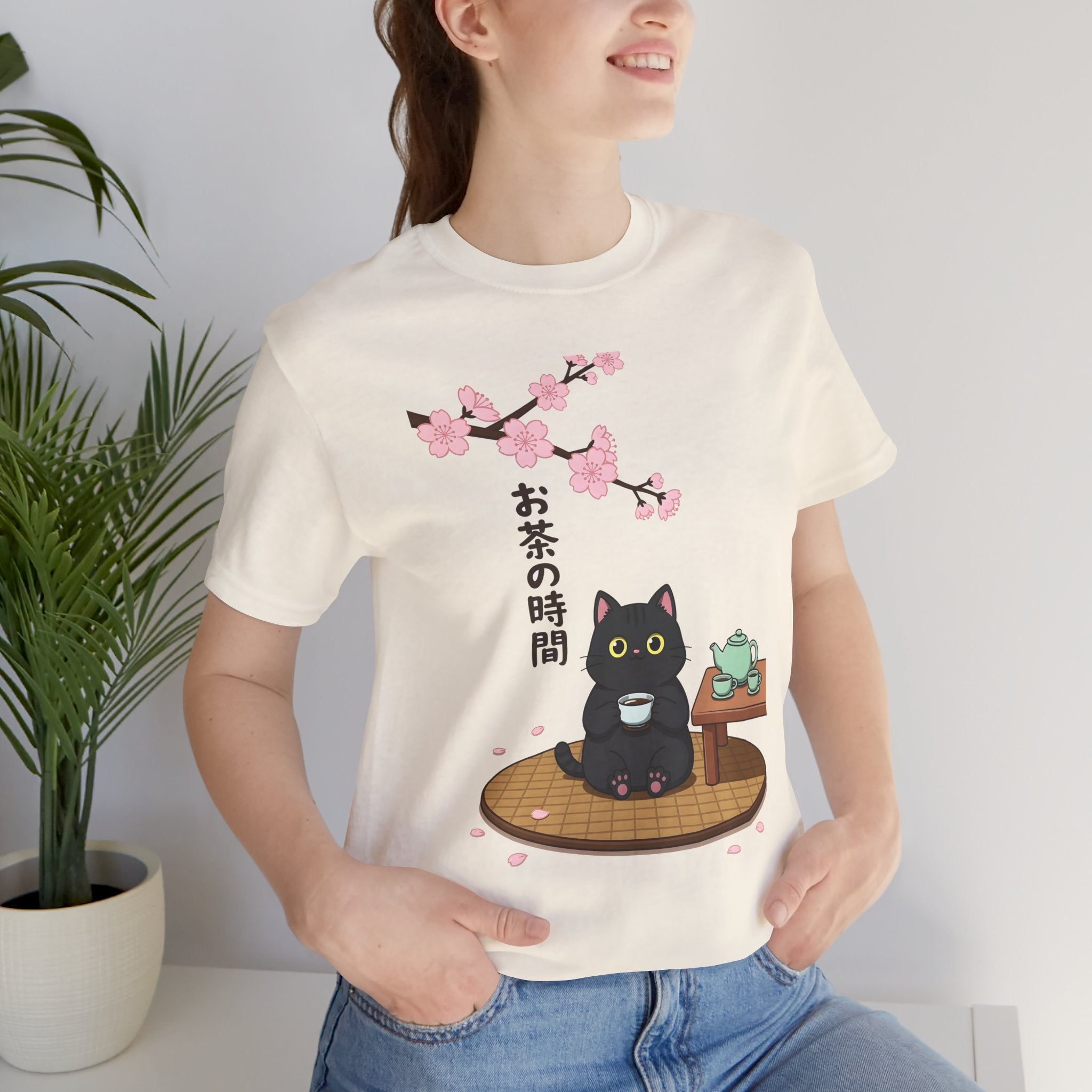 Cat Tea Time T-Shirt — Kawaii Black Cat with Sakura and Teapot