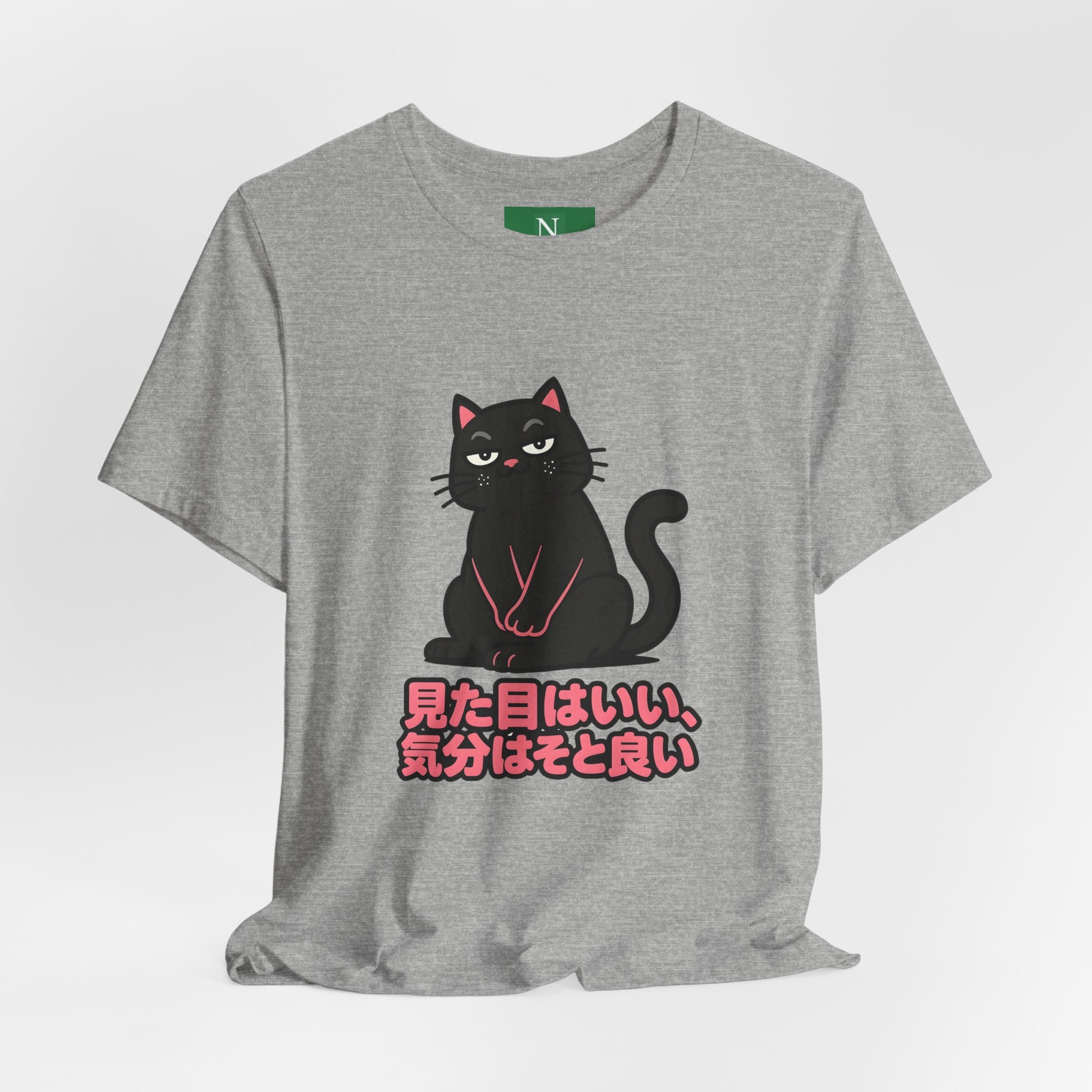Black Cat Tee with Japanese Text — 'Mita Me wa Ii, Kimochi wa Sore Ijo' Cute Kawaii Graphic T-Shirt