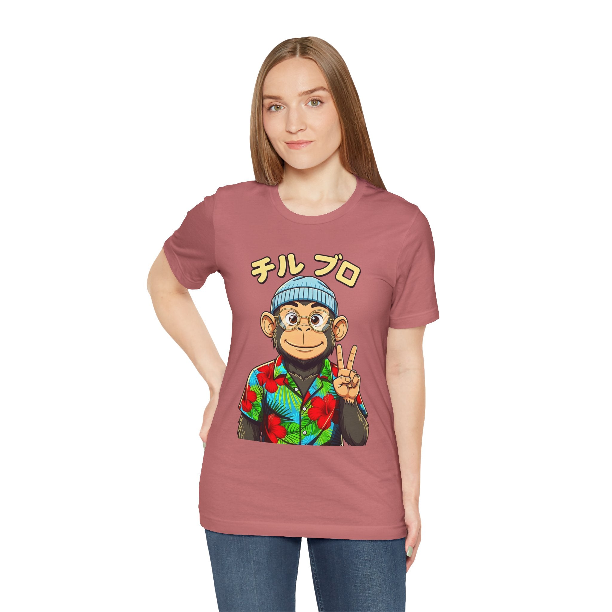 Monkey Peace Sign Tee — Hawaiian Shirt Chimp Graphic with Japanese Text