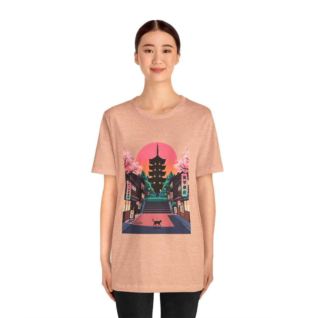 Japanese Pagoda Sunset Tee — Sakura Street Cat Graphic T-Shirt