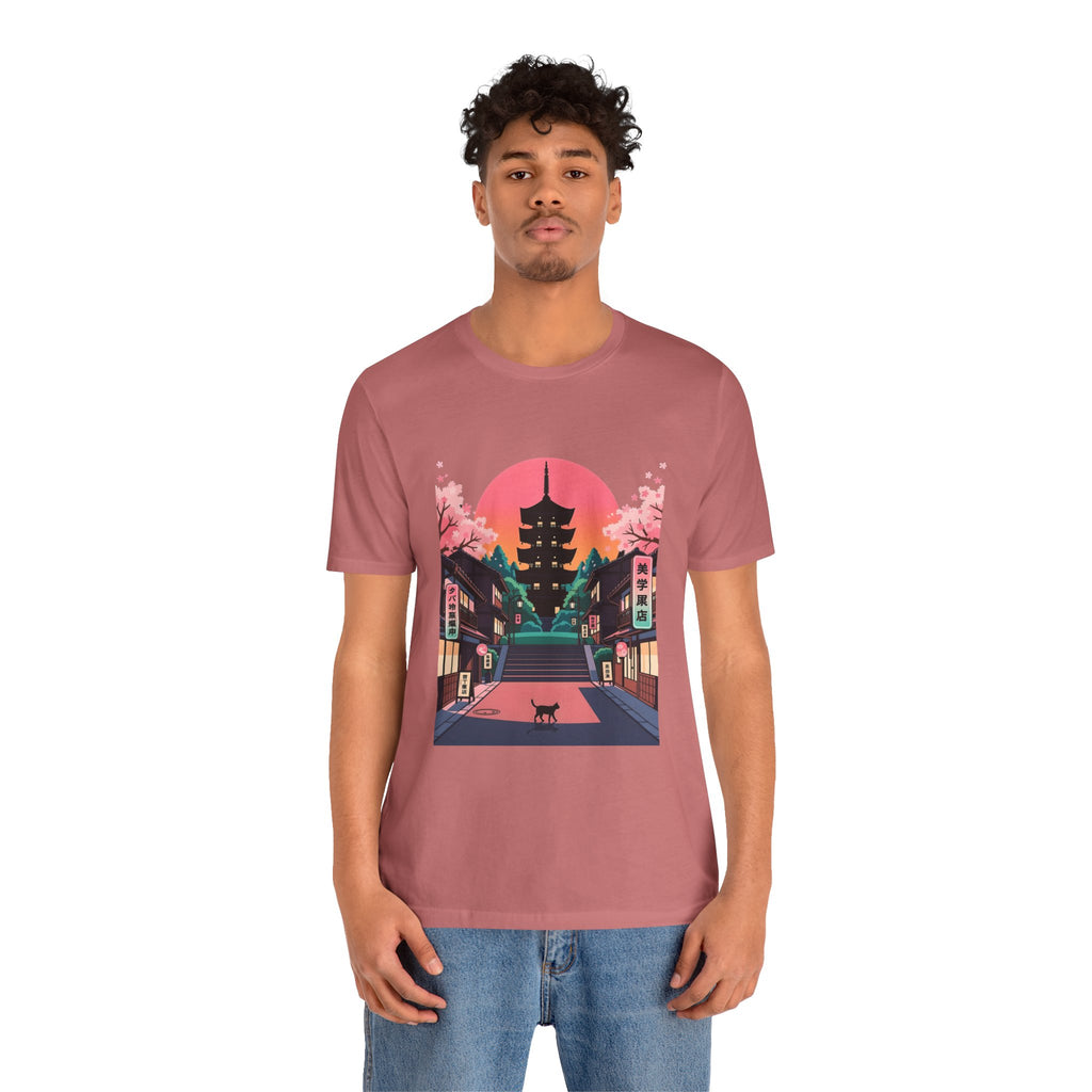 Japanese Pagoda Sunset Tee — Sakura Street Cat Graphic T-Shirt