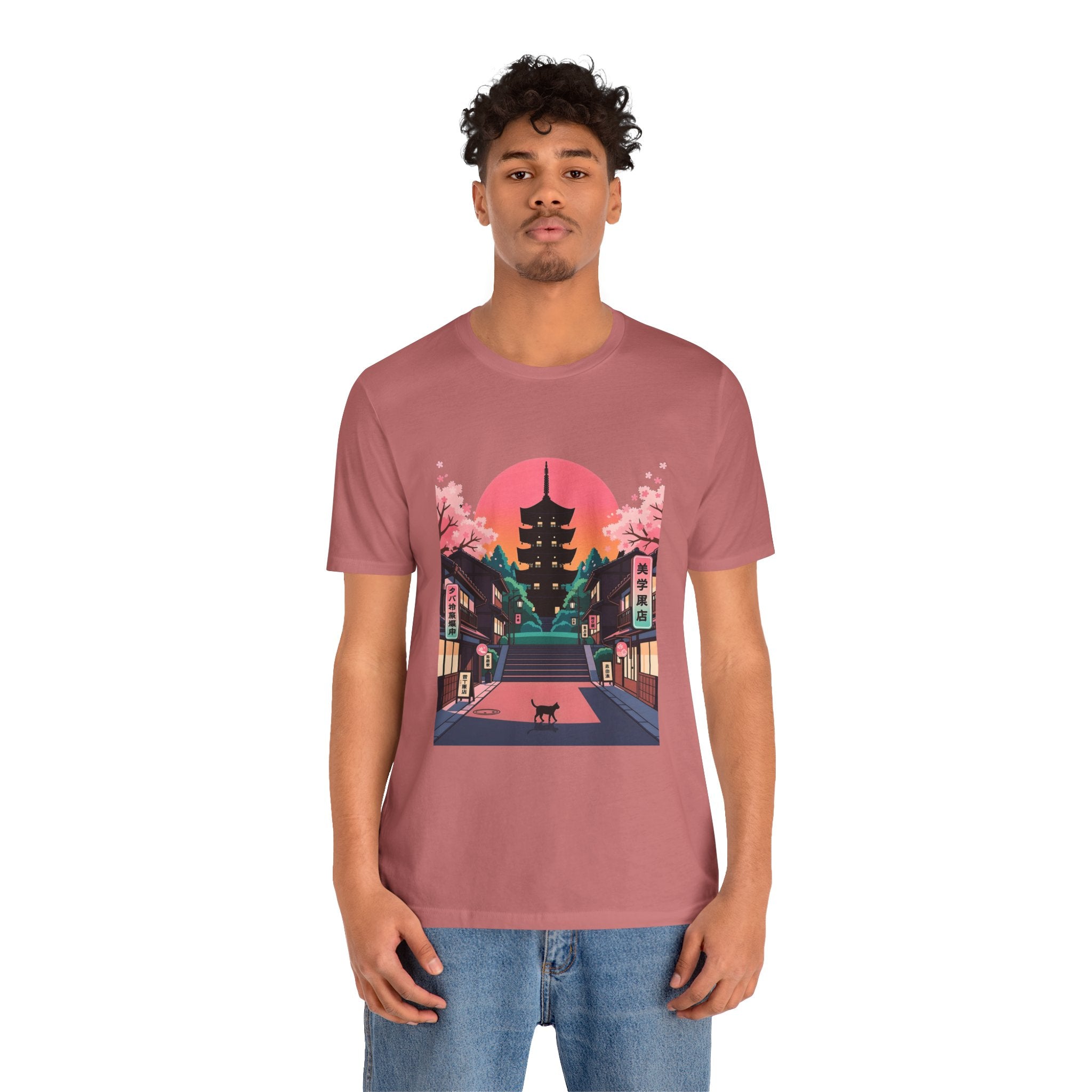 Japanese Pagoda Sunset Tee — Sakura Street Cat Graphic T-Shirt