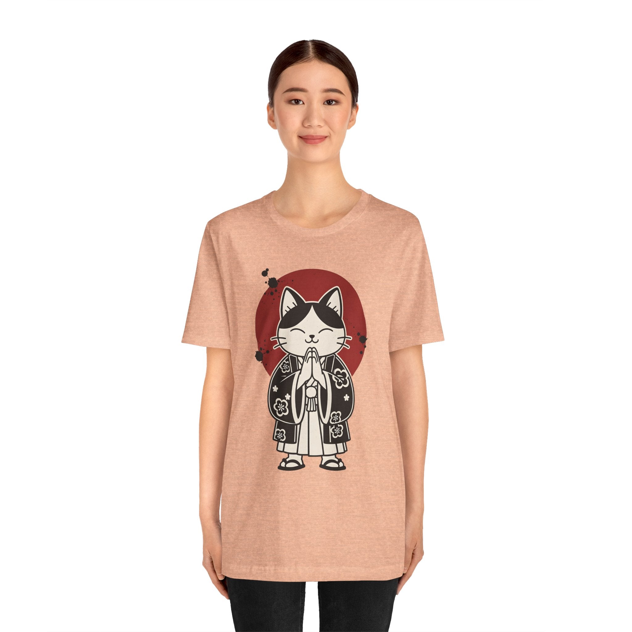 Samurai Cat T‑Shirt — Cute Praying Cat with Red Sun Graphic