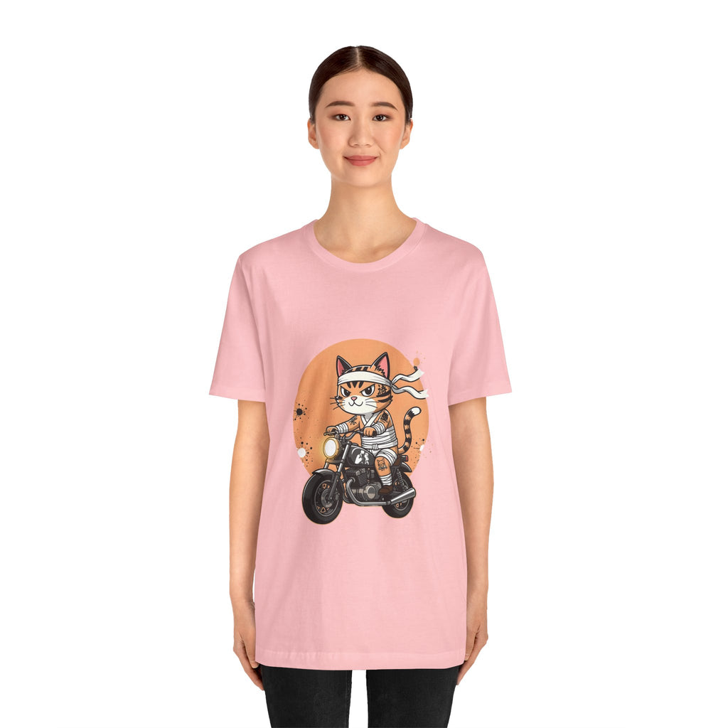 Retro Biker Cat T‑Shirt — Cute Motorcycle Cat Graphic Tee