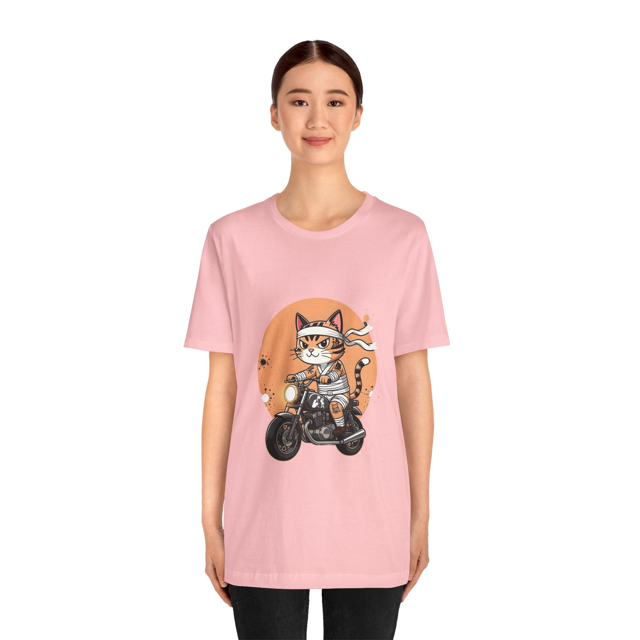 Retro Biker Cat T‑Shirt — Cute Motorcycle Cat Graphic Tee