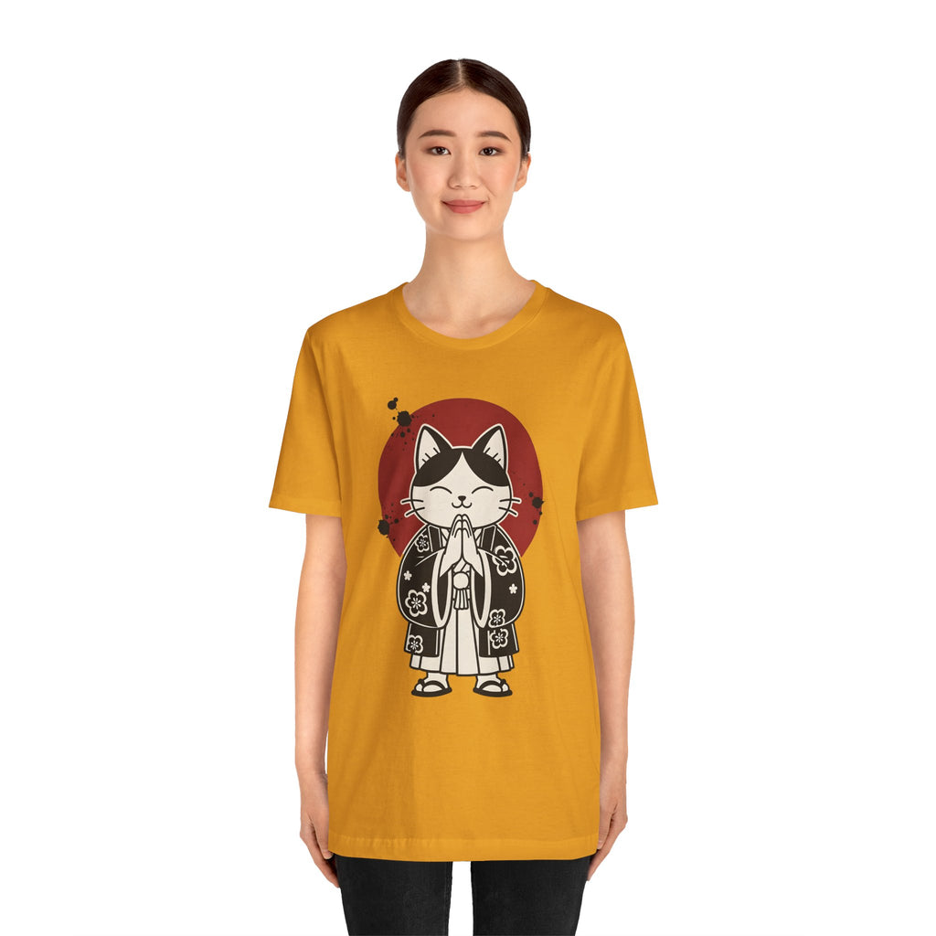 Samurai Cat T‑Shirt — Cute Praying Cat with Red Sun Graphic