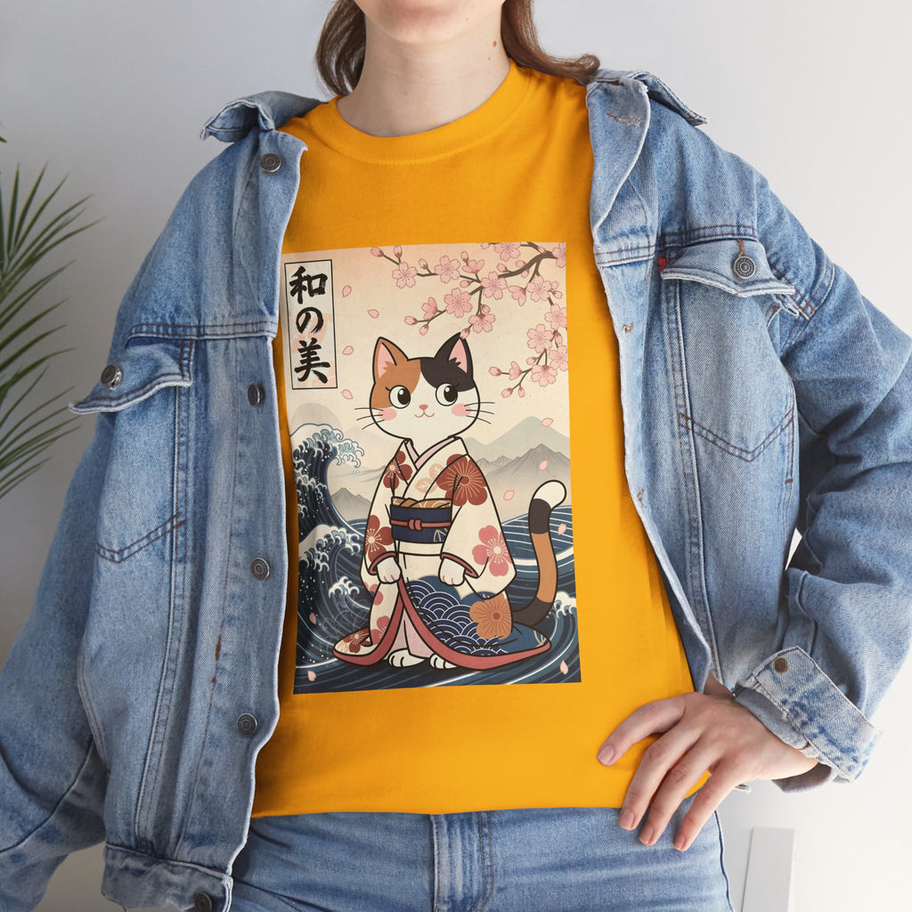 Cat Ukiyo-e T-Shirt — Vintage Japanese Kimono Cat with Cherry Blossoms