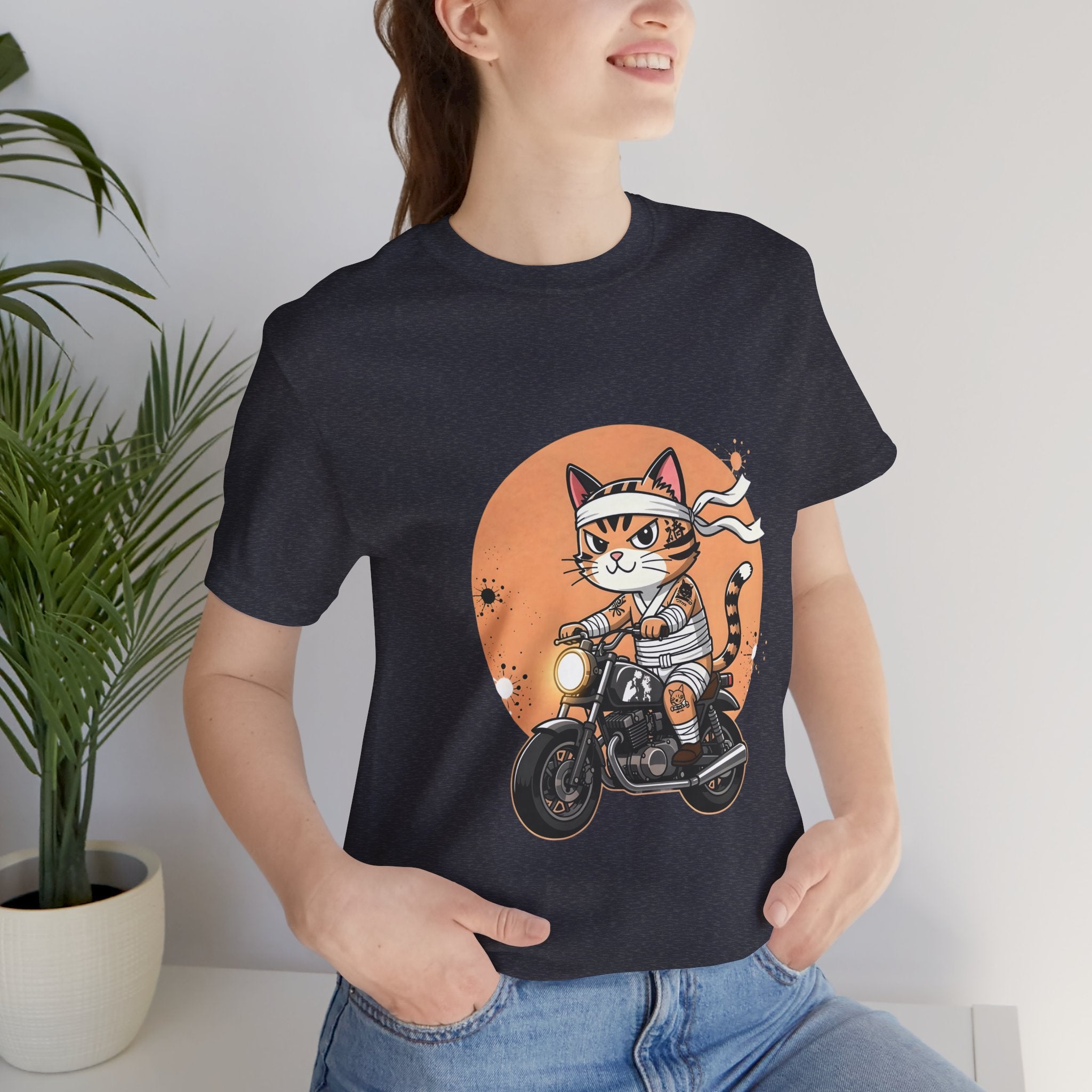 Retro Biker Cat T‑Shirt — Cute Motorcycle Cat Graphic Tee