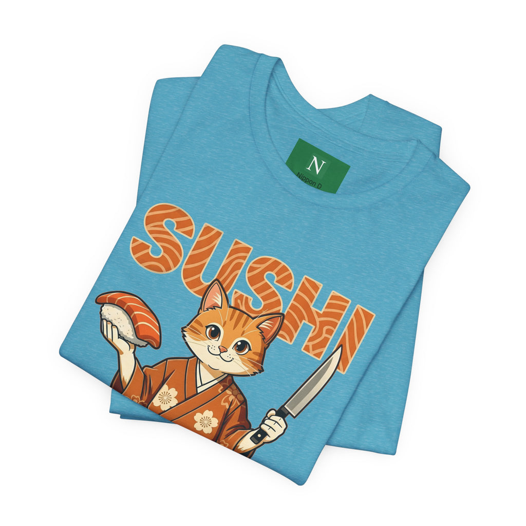 Sushi Cat Graphic Tee — Cute Samurai Cat Holding Sushi & Knife
