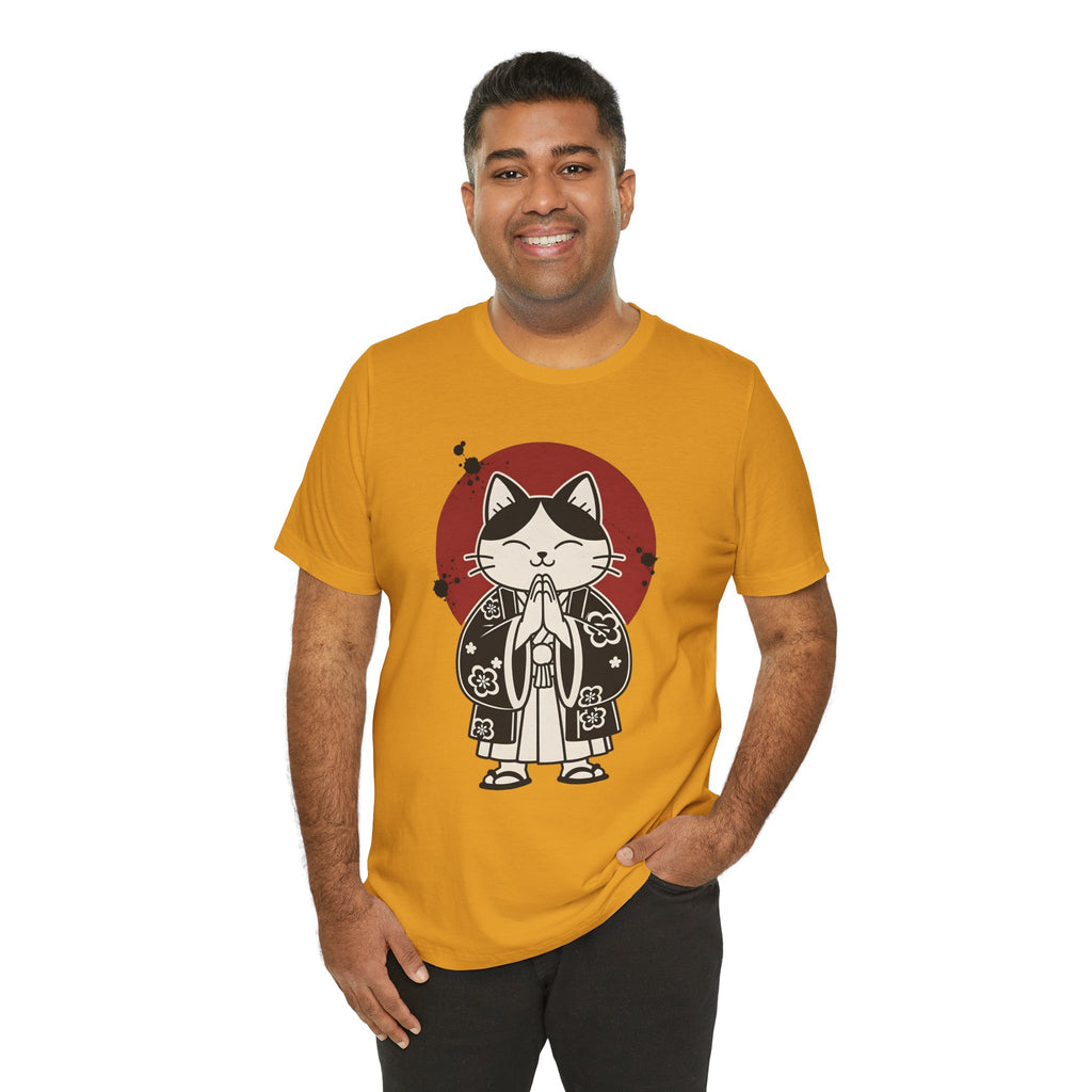 Samurai Cat T‑Shirt — Cute Praying Cat with Red Sun Graphic