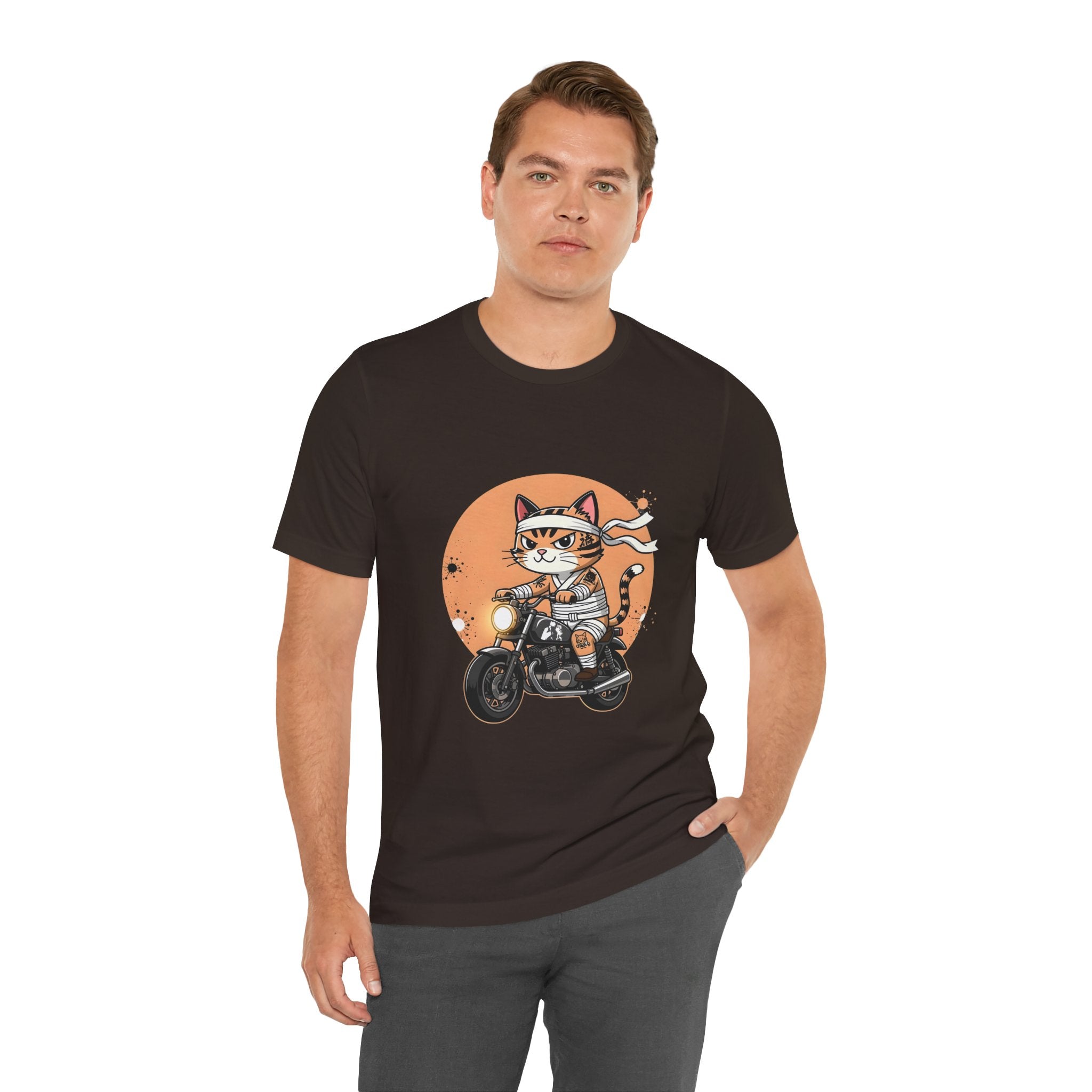 Retro Biker Cat T‑Shirt — Cute Motorcycle Cat Graphic Tee