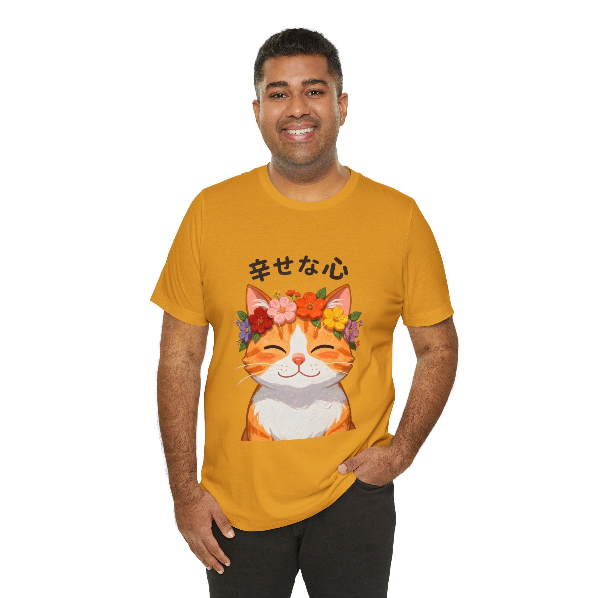 Happy Cat T-Shirt — Smiling Ginger Cat with Flower Crown (Japanese “幸せな心”)