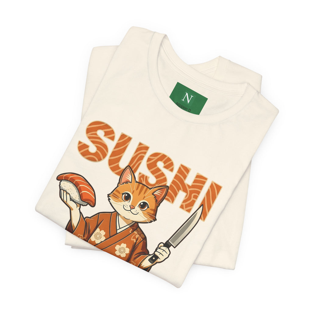 Sushi Cat Graphic Tee — Cute Samurai Cat Holding Sushi & Knife