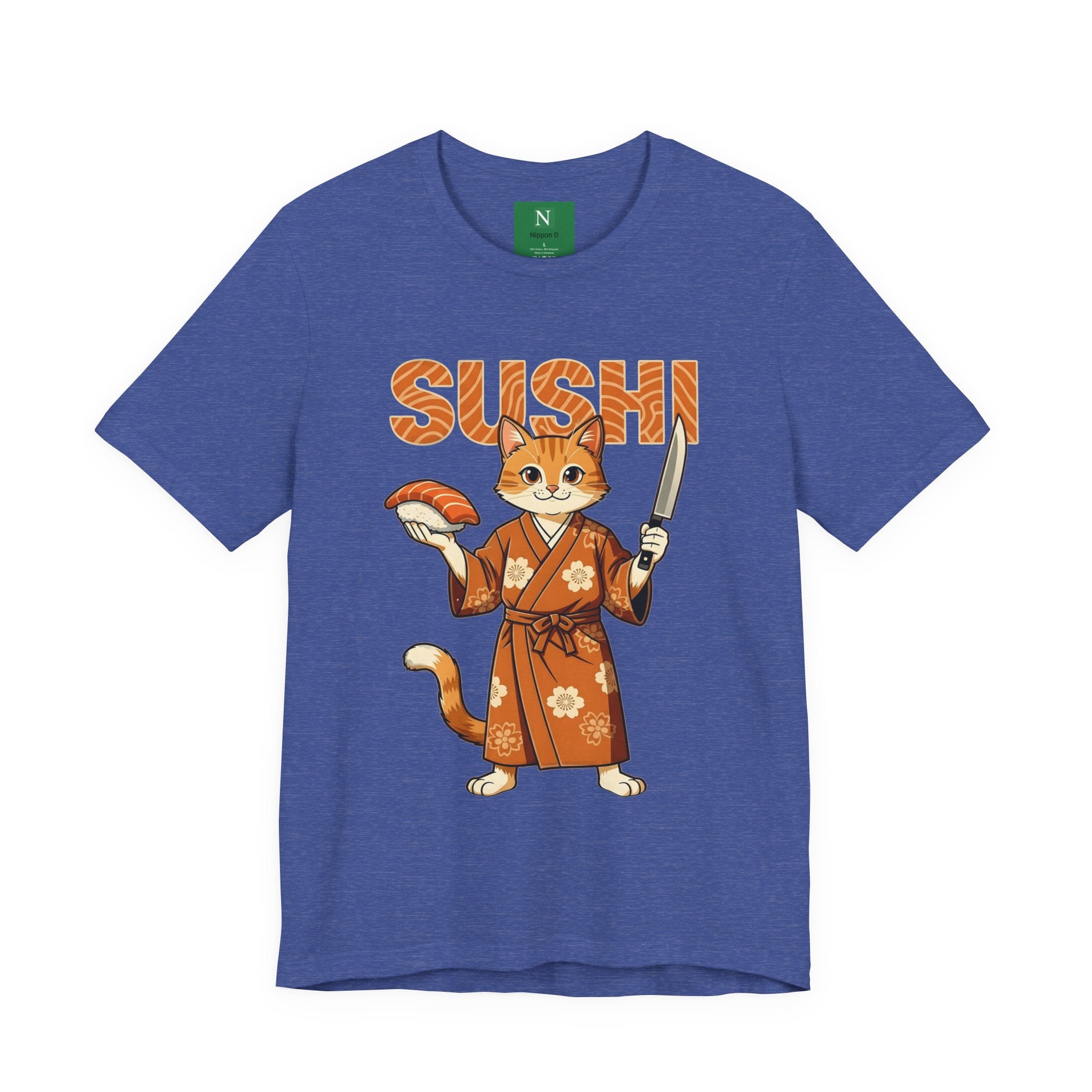 Sushi Cat Graphic Tee — Cute Samurai Cat Holding Sushi & Knife