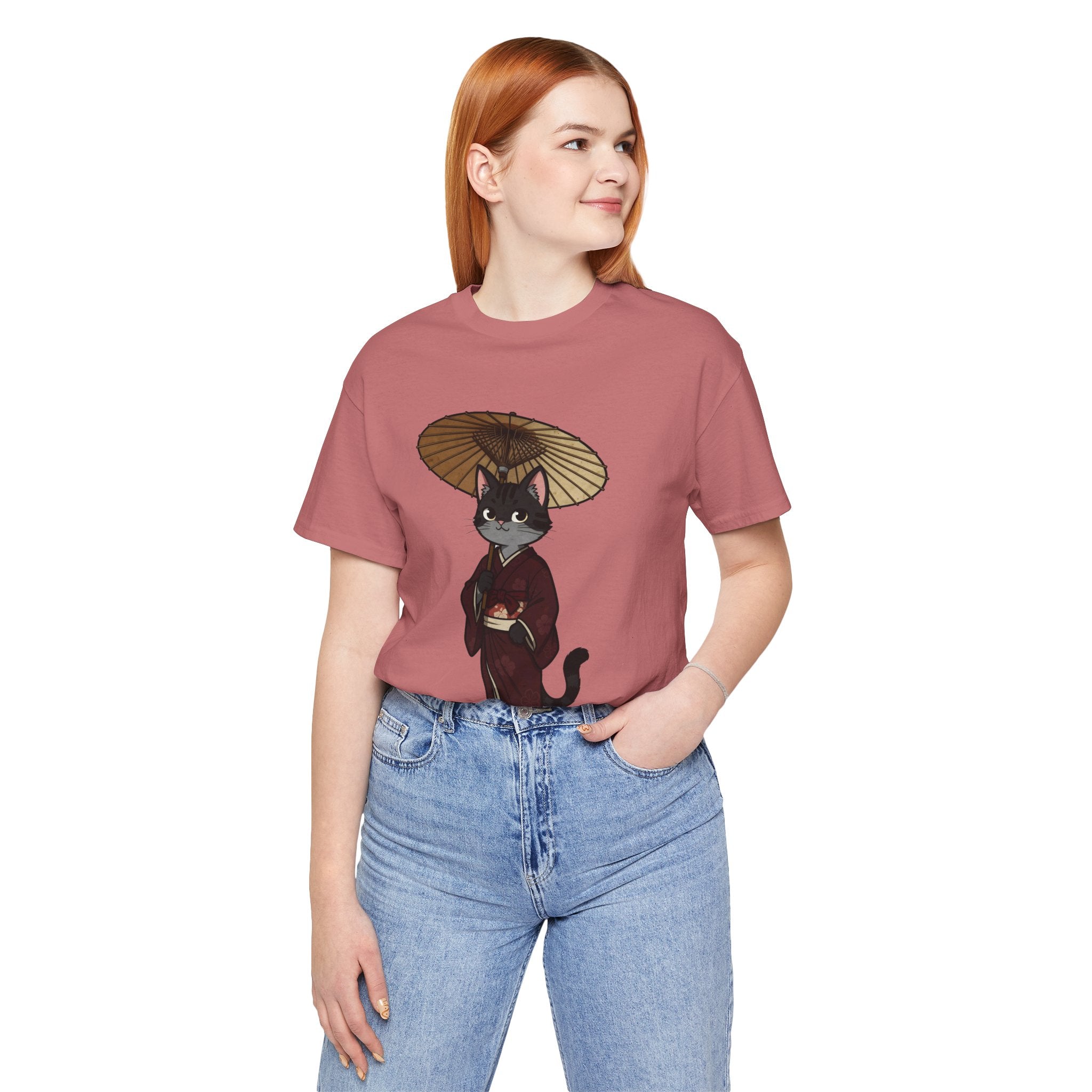 Geisha Cat Tee — Japanese Umbrella Cat Graphic T-Shirt