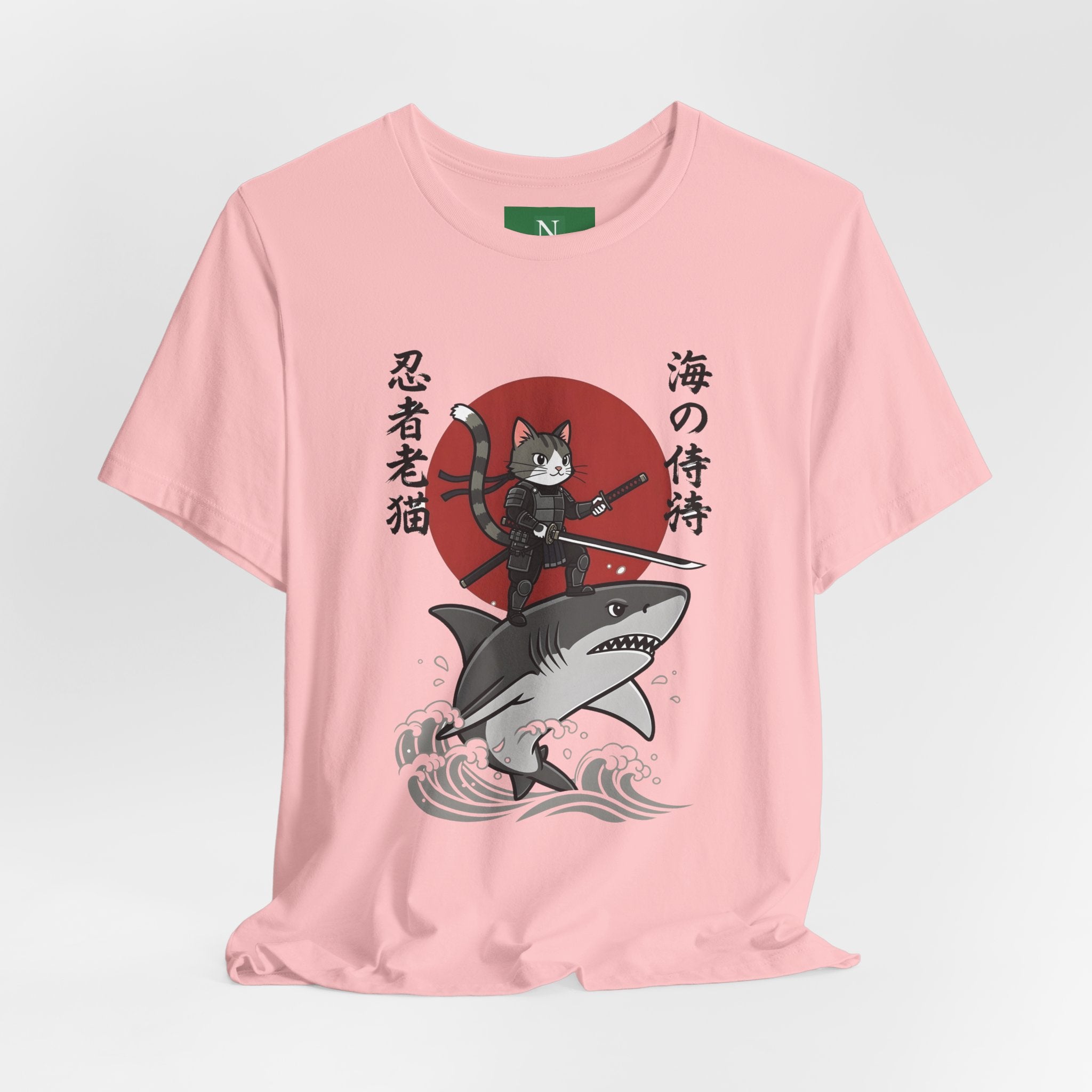 Ninja Cat Riding Shark T‑Shirt — Japanese Samurai Style Graphic Tee