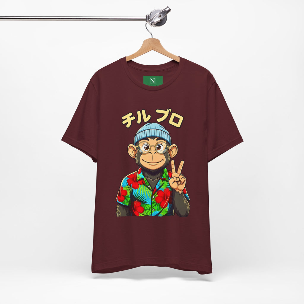 Monkey Peace Sign Tee — Hawaiian Shirt Chimp Graphic with Japanese Text