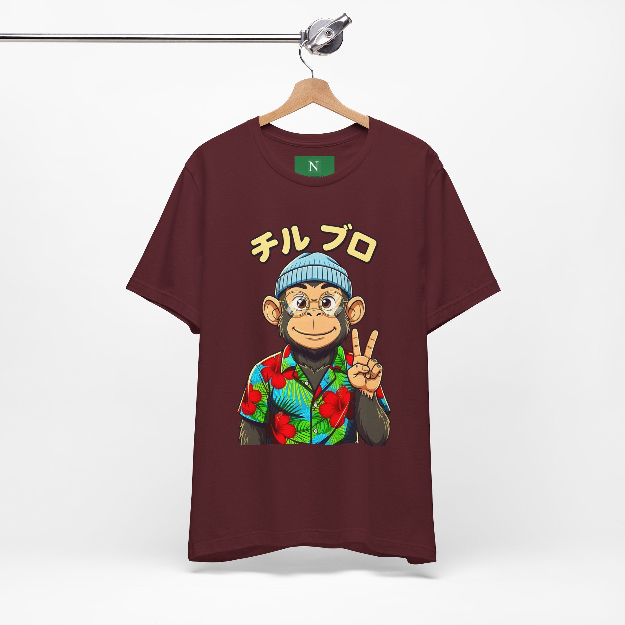 Monkey Peace Sign Tee — Hawaiian Shirt Chimp Graphic with Japanese Text