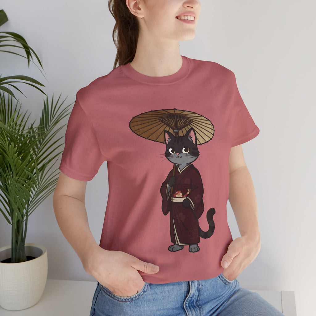 Geisha Cat Tee — Japanese Umbrella Cat Graphic T-Shirt