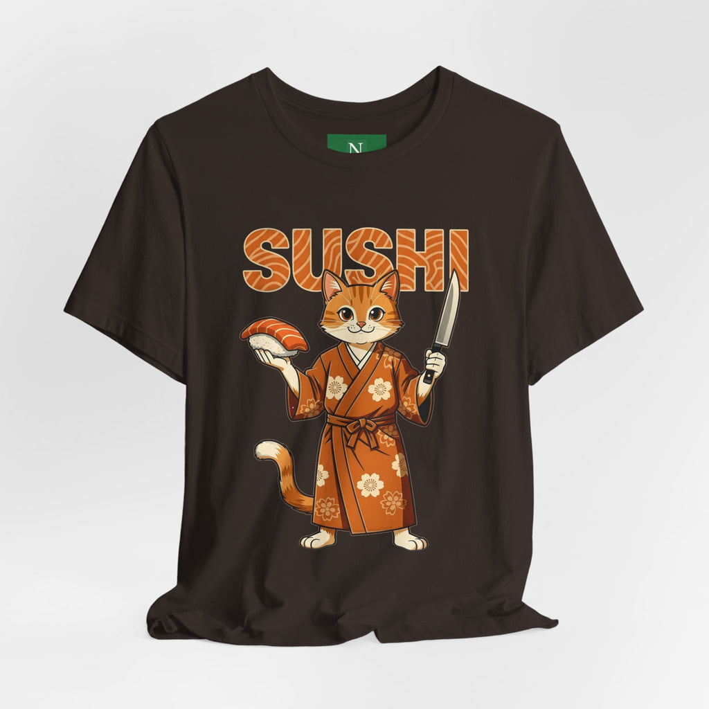 Sushi Cat Graphic Tee — Cute Samurai Cat Holding Sushi & Knife