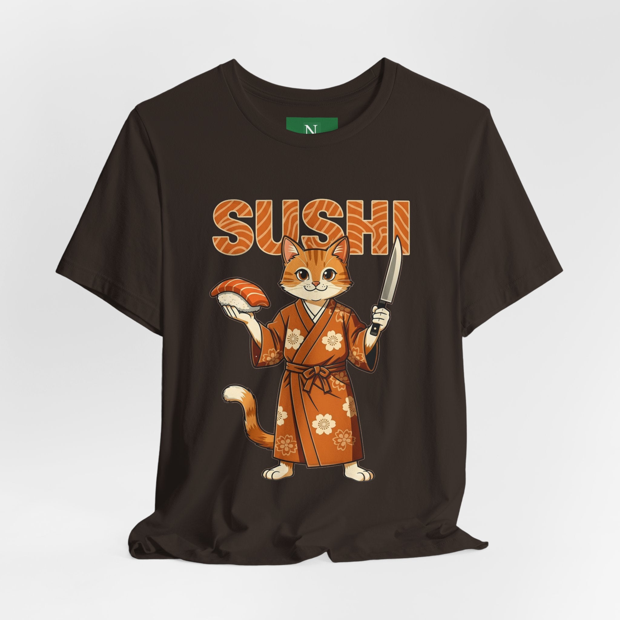 Sushi Cat Graphic Tee — Cute Samurai Cat Holding Sushi & Knife