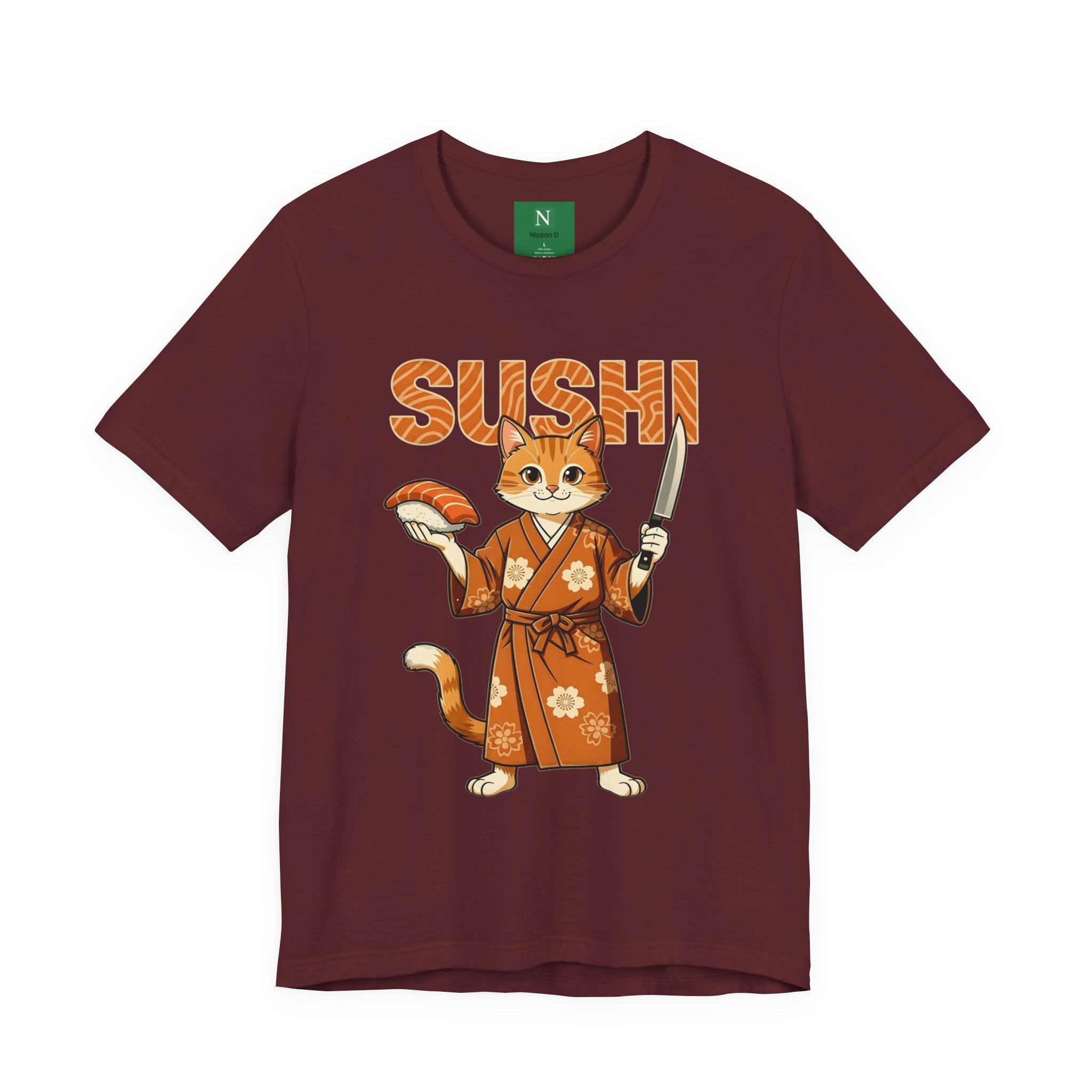 Sushi Cat Graphic Tee — Cute Samurai Cat Holding Sushi & Knife