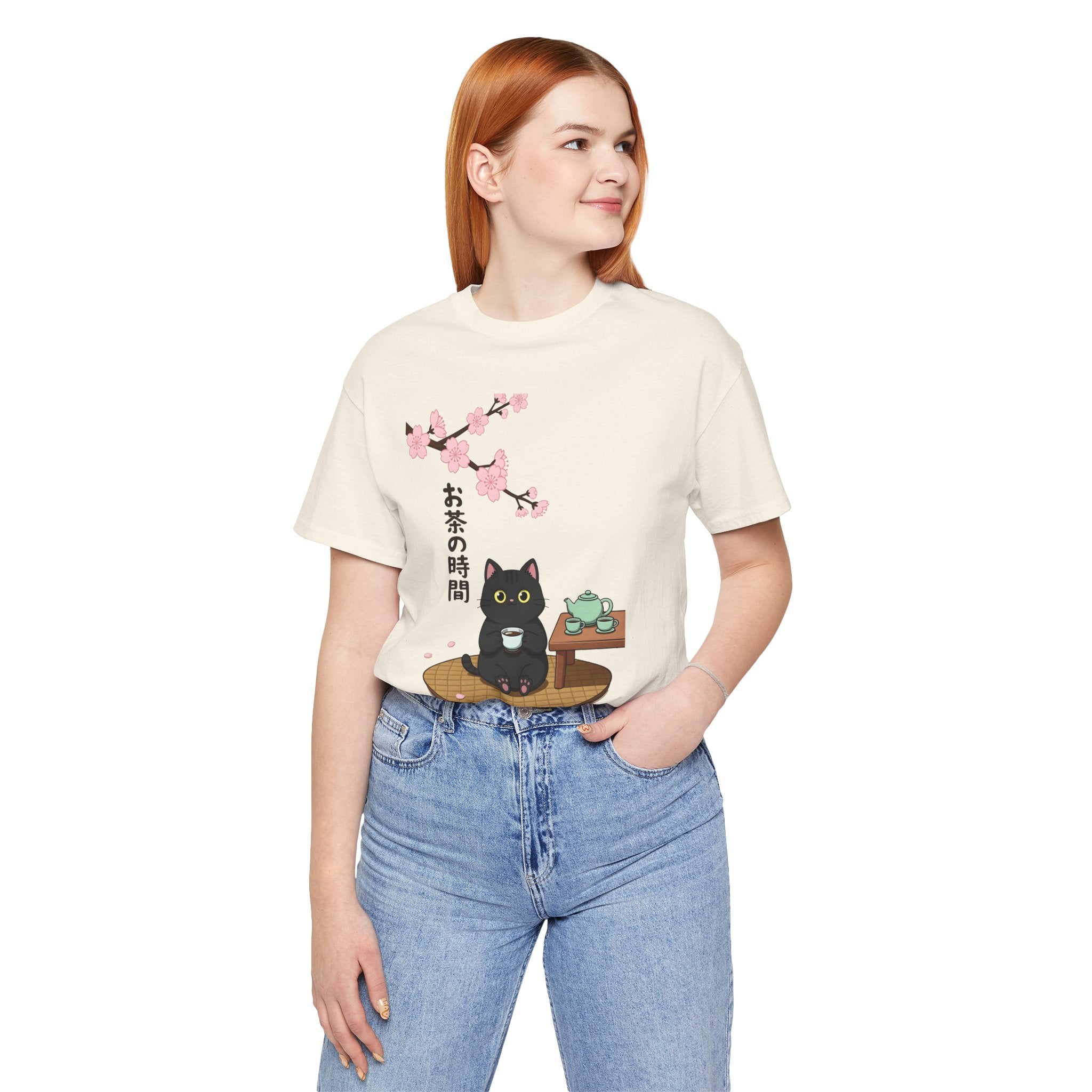 Cat Tea Time T-Shirt — Kawaii Black Cat with Sakura and Teapot