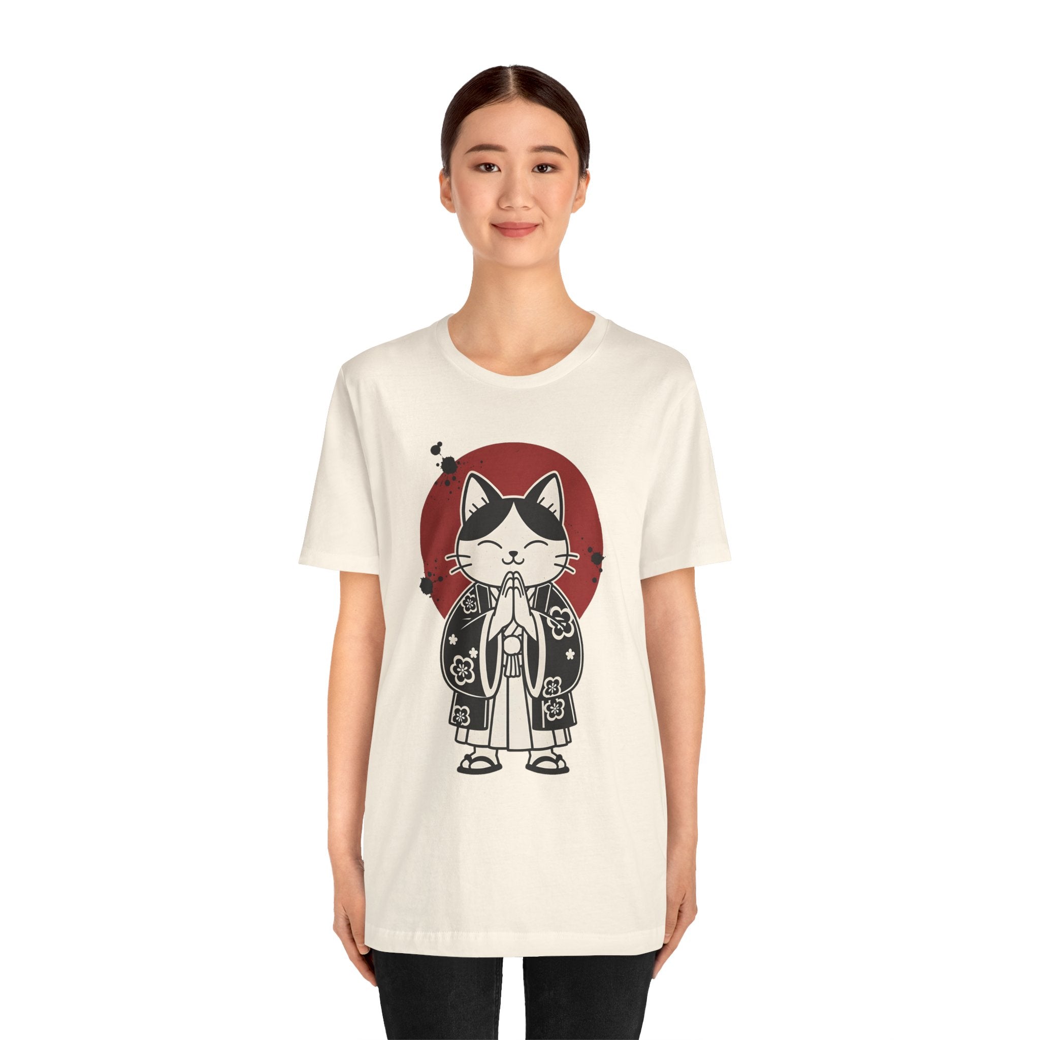 Samurai Cat T‑Shirt — Cute Praying Cat with Red Sun Graphic