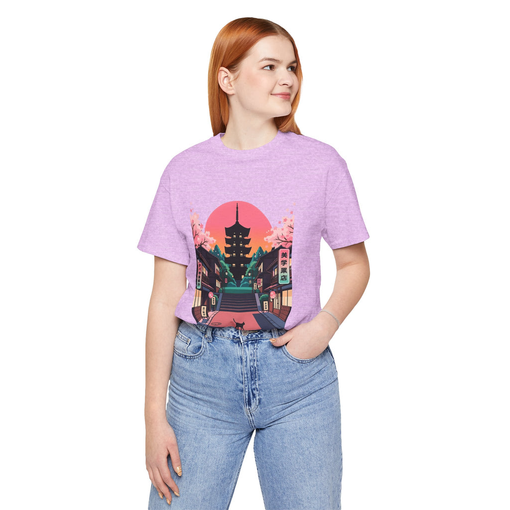 Japanese Pagoda Sunset Tee — Sakura Street Cat Graphic T-Shirt