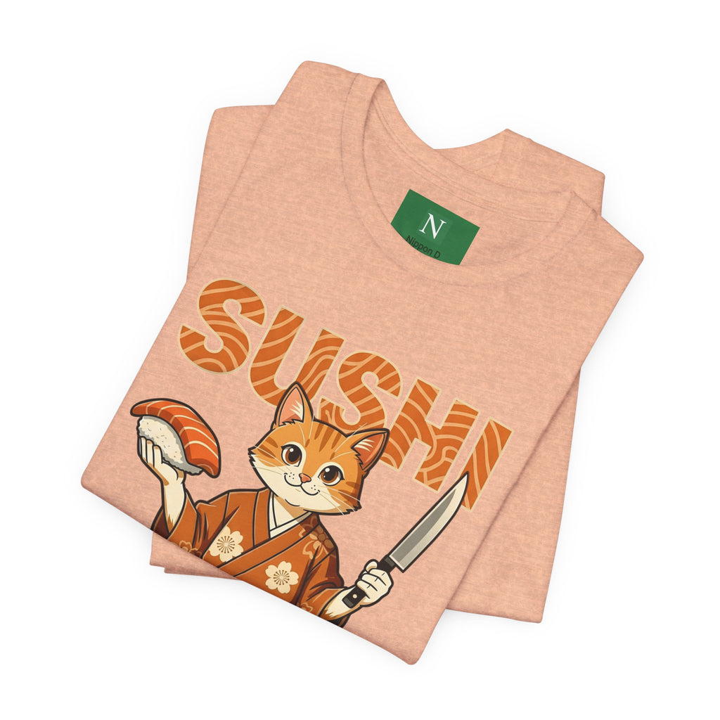 Sushi Cat Graphic Tee — Cute Samurai Cat Holding Sushi & Knife