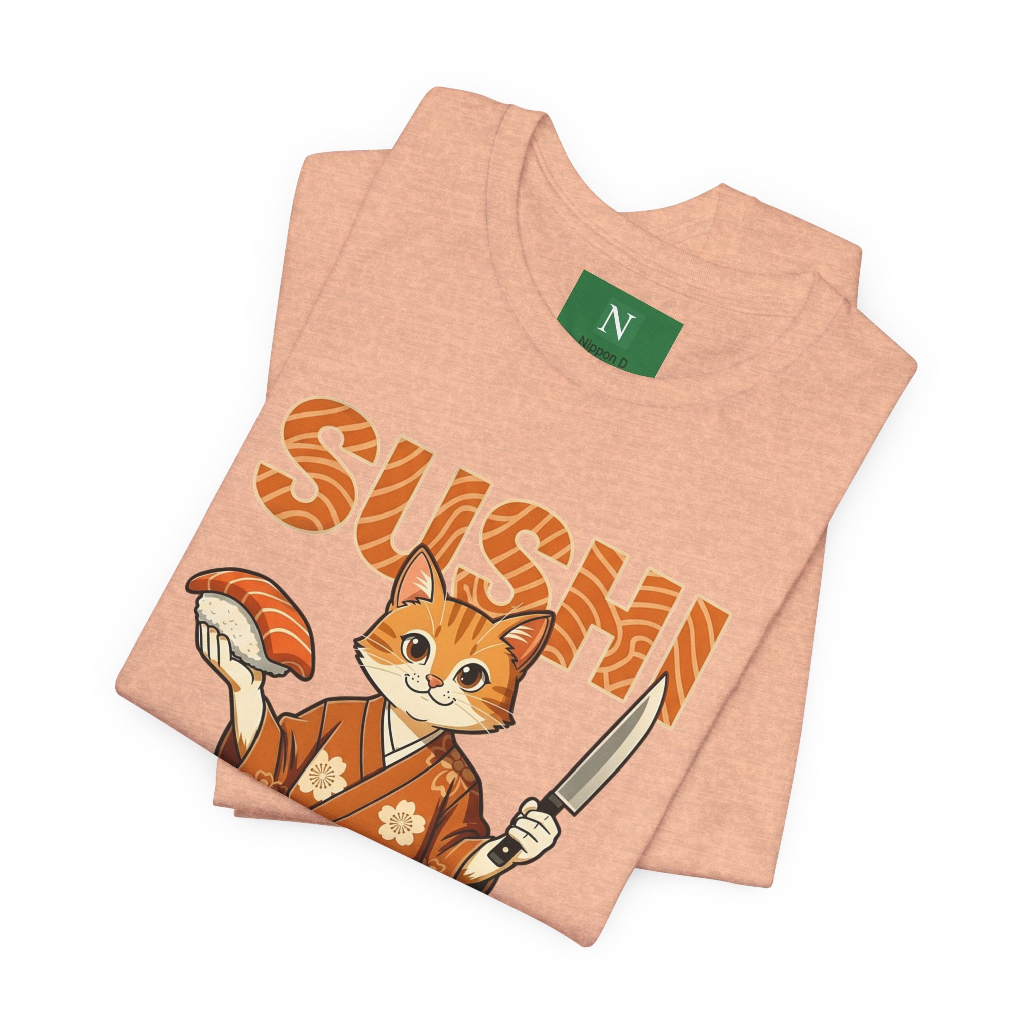 Sushi Cat Graphic Tee — Cute Samurai Cat Holding Sushi & Knife