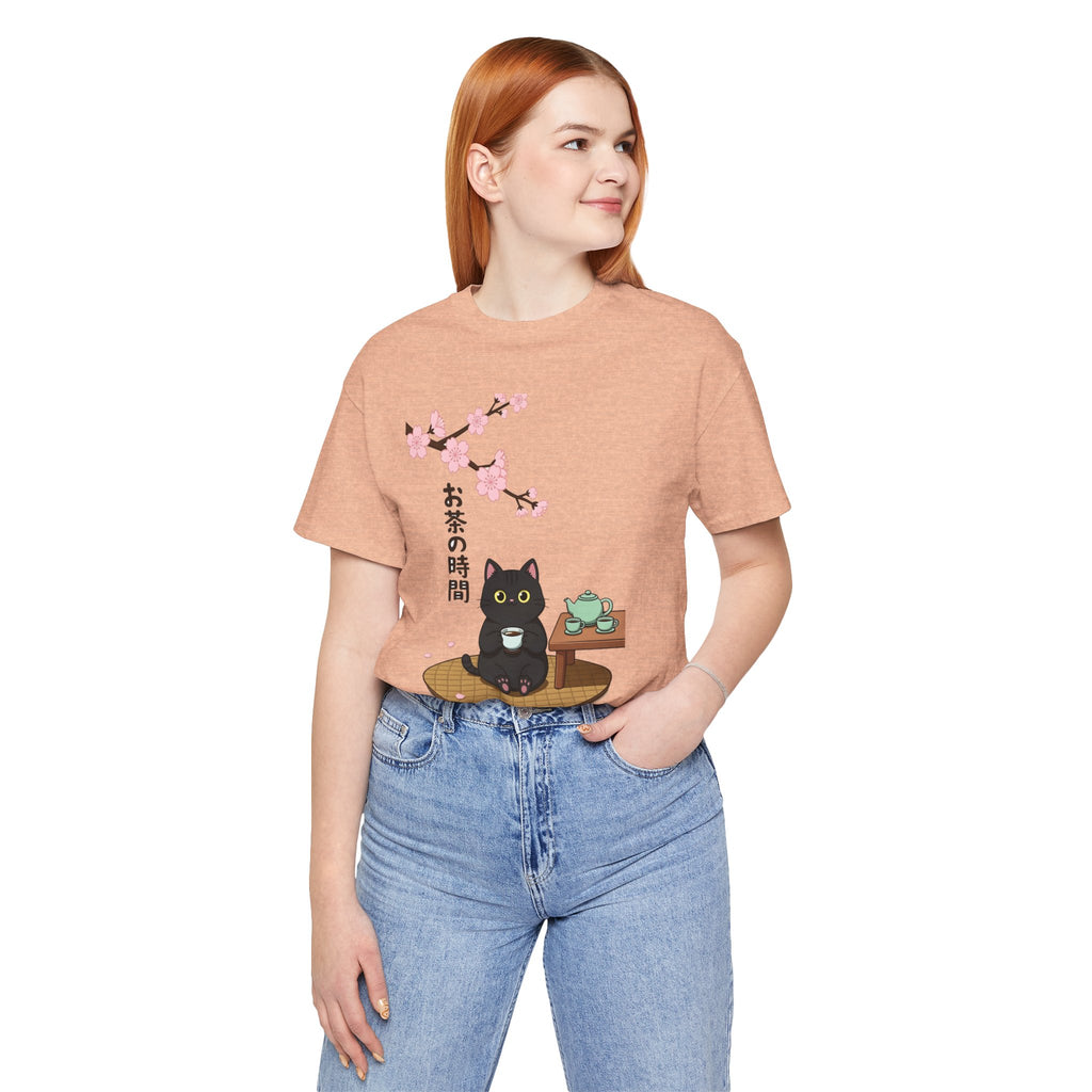 Cat Tea Time T-Shirt — Kawaii Black Cat with Sakura and Teapot