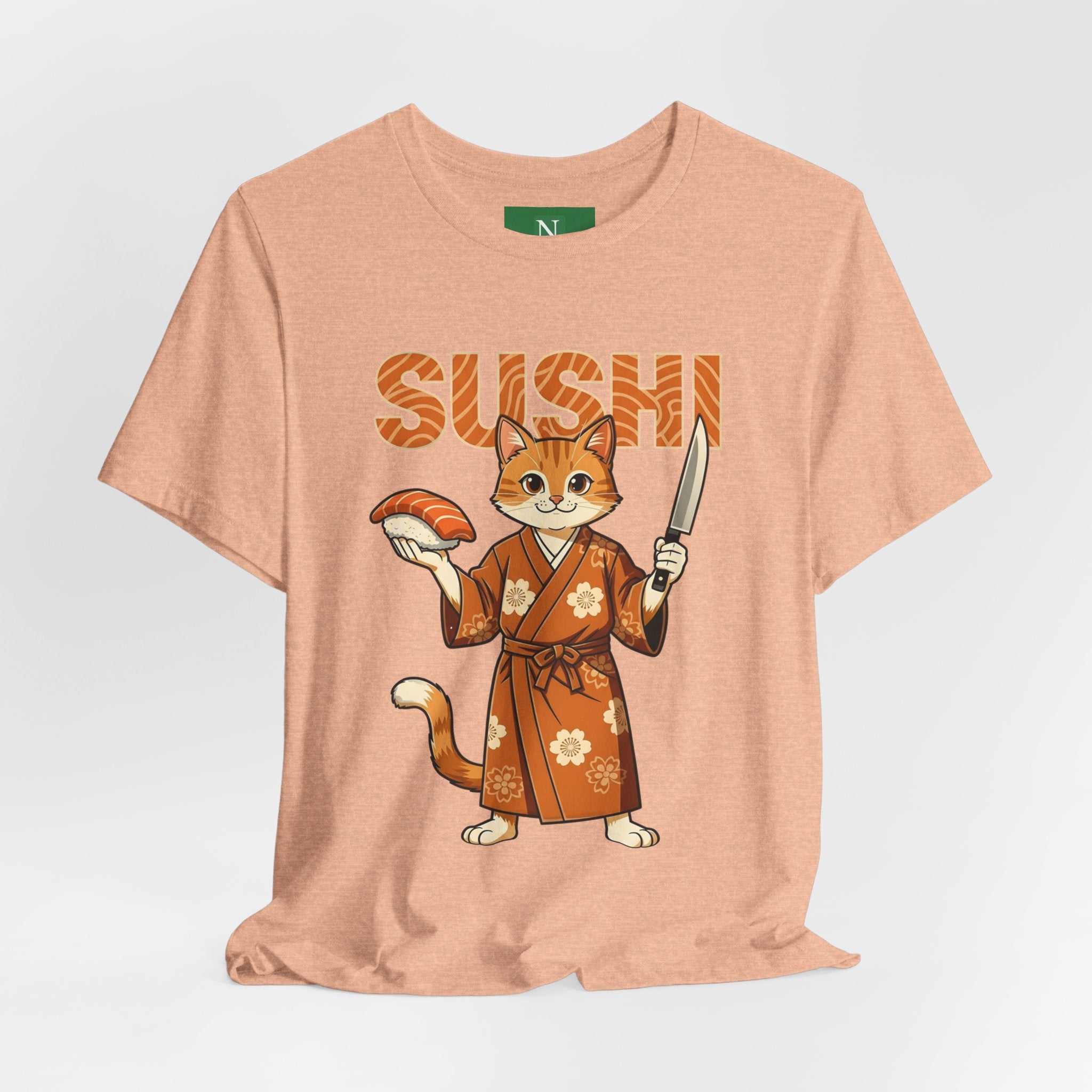 Sushi Cat Graphic Tee — Cute Samurai Cat Holding Sushi & Knife