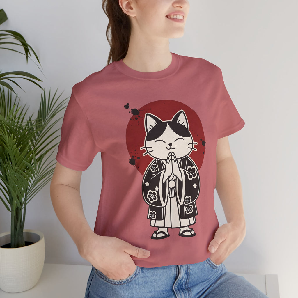 Samurai Cat T‑Shirt — Cute Praying Cat with Red Sun Graphic