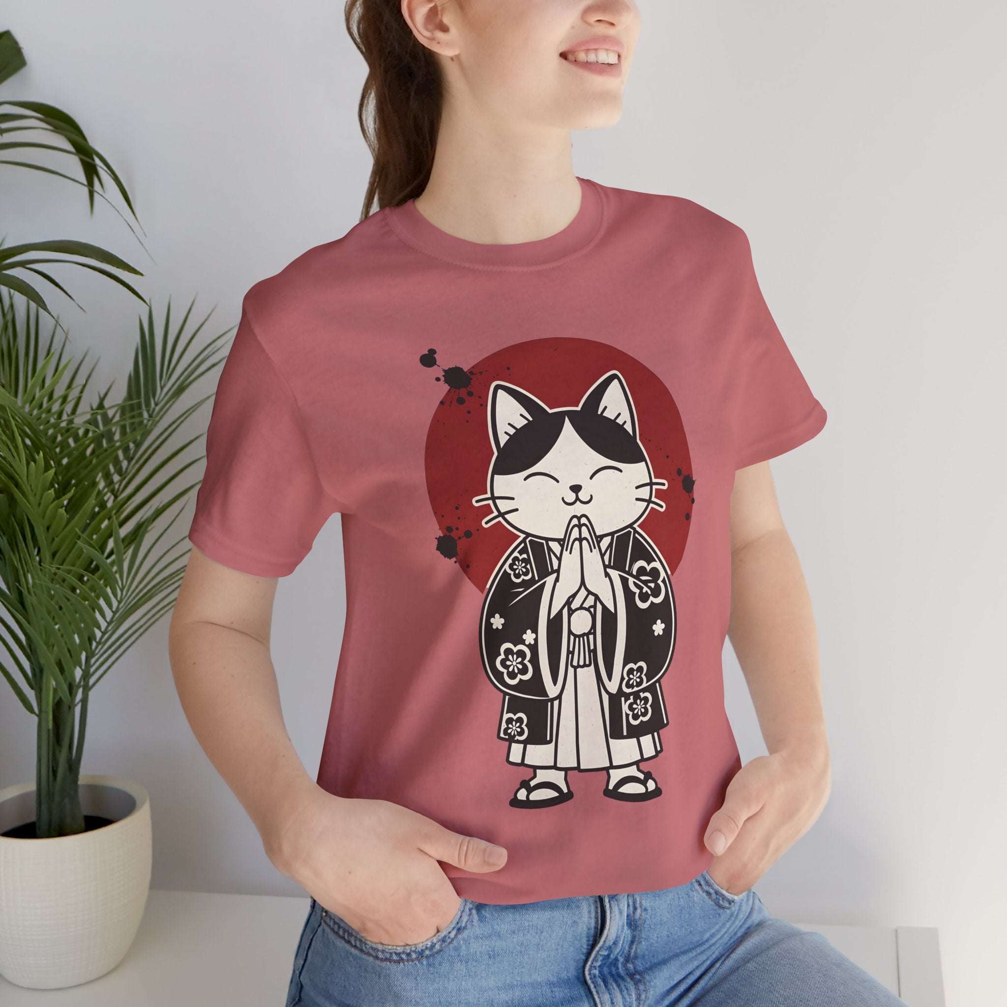 Samurai Cat T‑Shirt — Cute Praying Cat with Red Sun Graphic