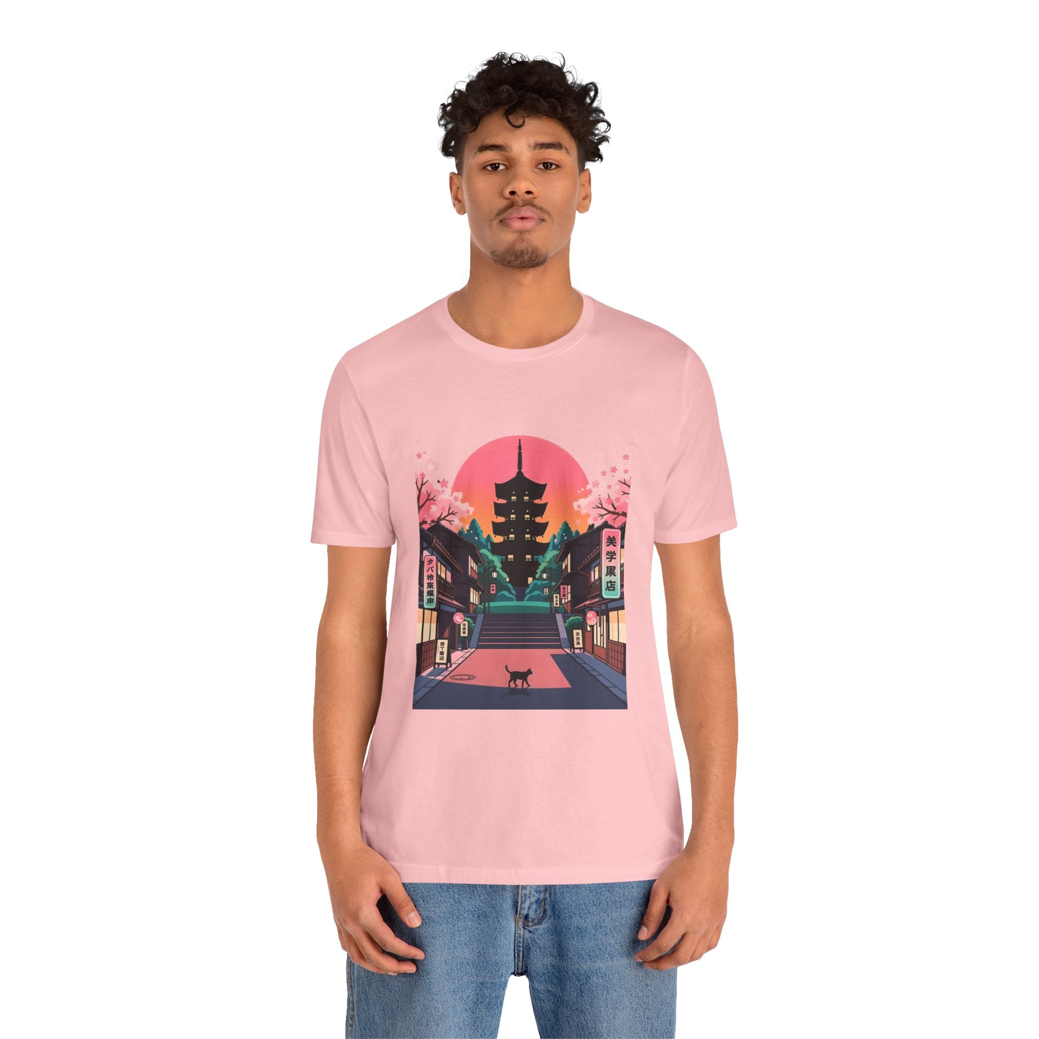Japanese Pagoda Sunset Tee — Sakura Street Cat Graphic T-Shirt