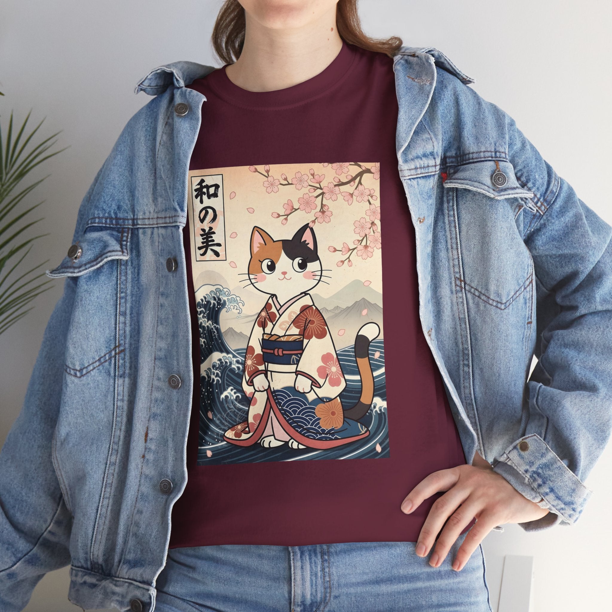Cat Ukiyo-e T-Shirt — Vintage Japanese Kimono Cat with Cherry Blossoms