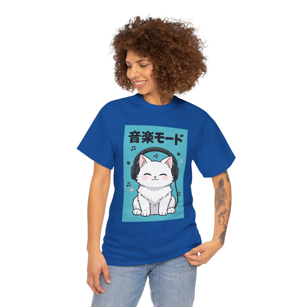 Music Mode Cat T-Shirt — Cute Headphone Kitten Tee (Japanese Text)