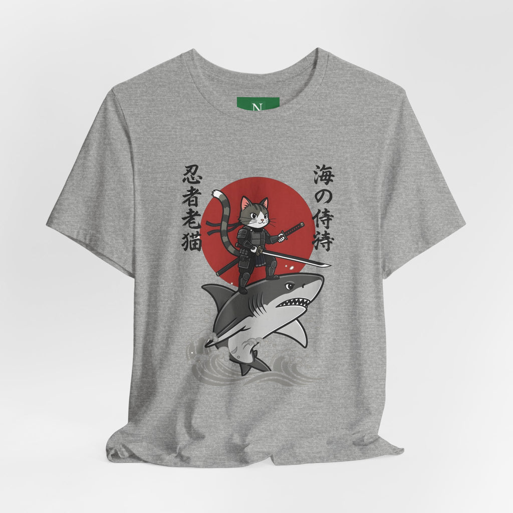 Ninja Cat Riding Shark T‑Shirt — Japanese Samurai Style Graphic Tee