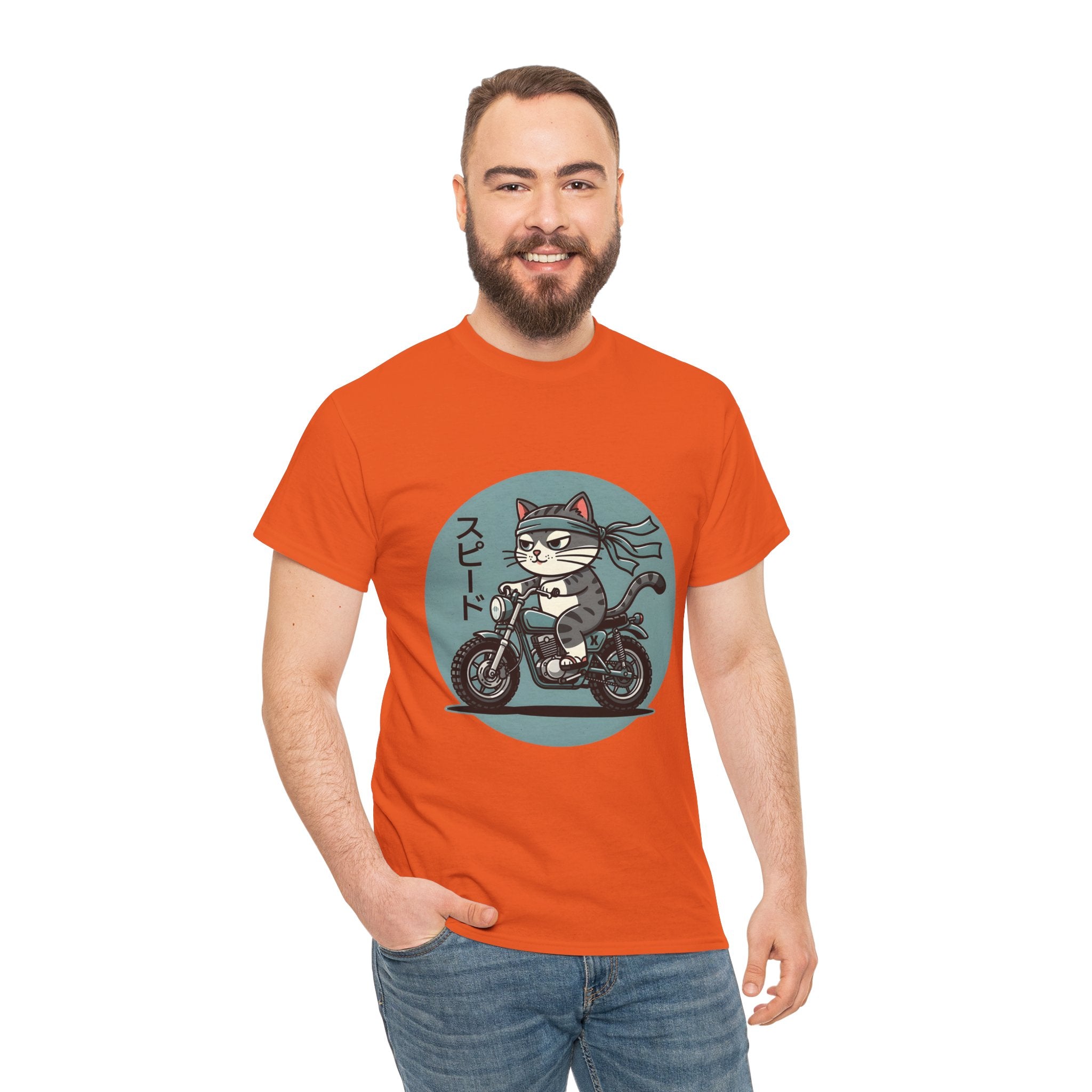Cat Biker T‑Shirt — Retro Motorcycle Cat with Japanese “Speed” Text