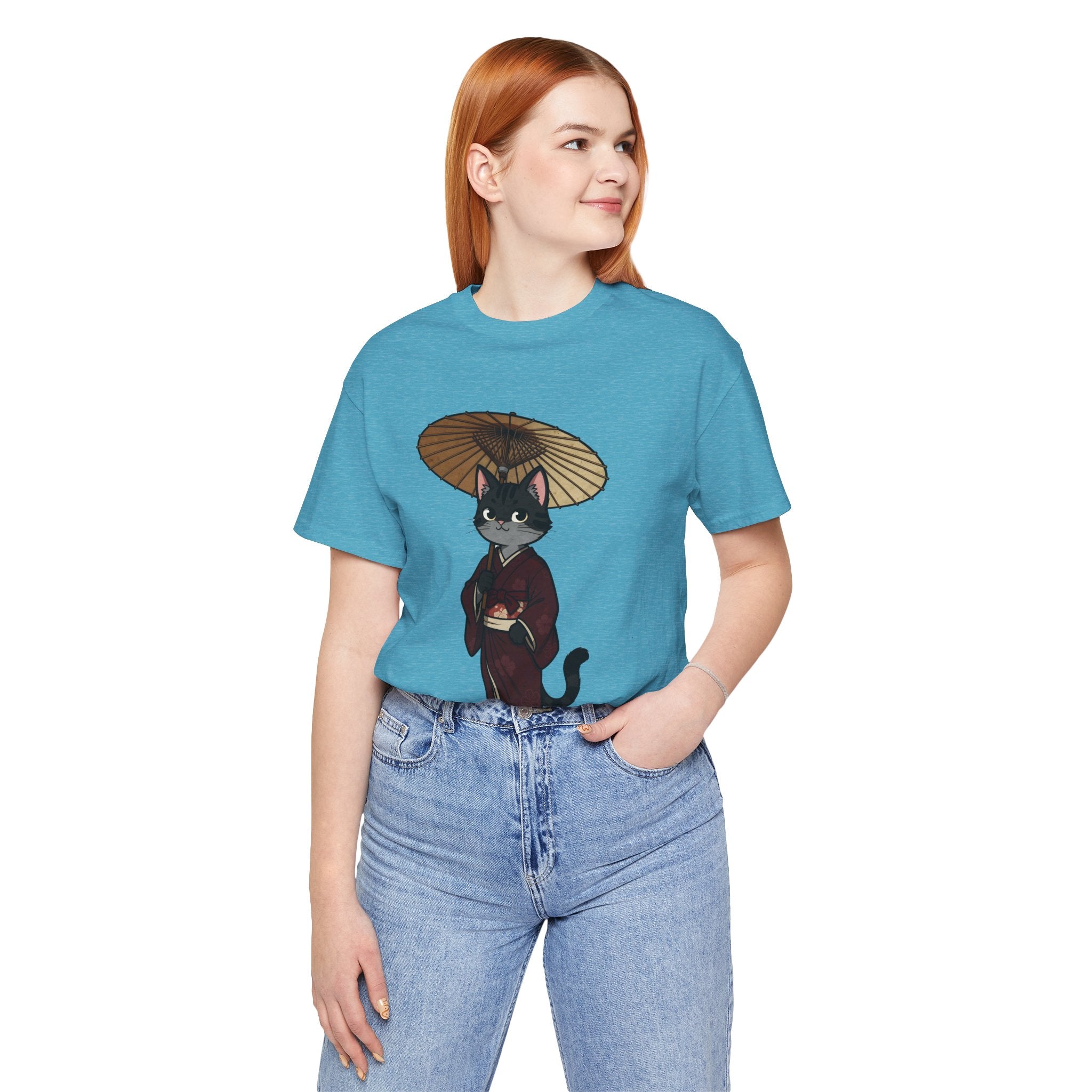 Geisha Cat Tee — Japanese Umbrella Cat Graphic T-Shirt