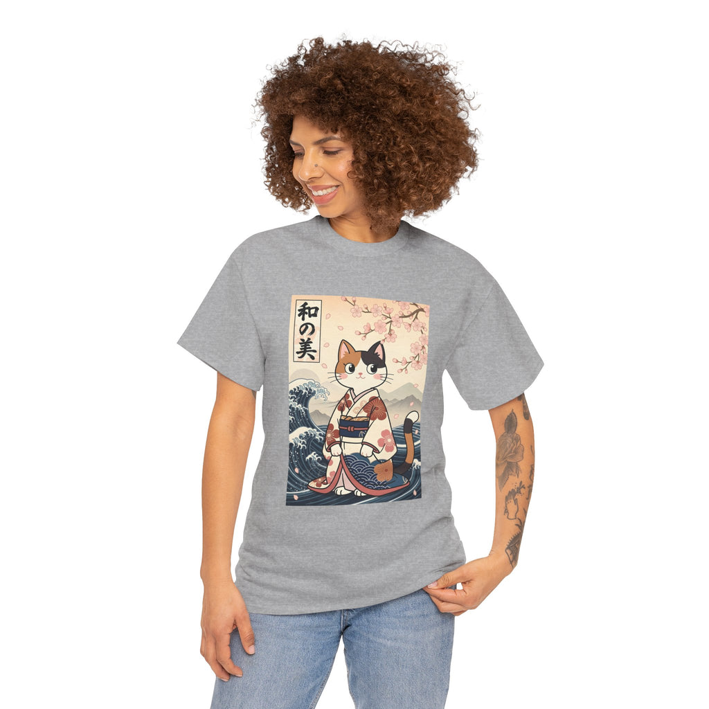 Cat Ukiyo-e T-Shirt — Vintage Japanese Kimono Cat with Cherry Blossoms