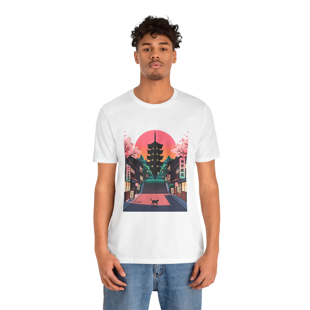 Japanese Pagoda Sunset Tee — Sakura Street Cat Graphic T-Shirt