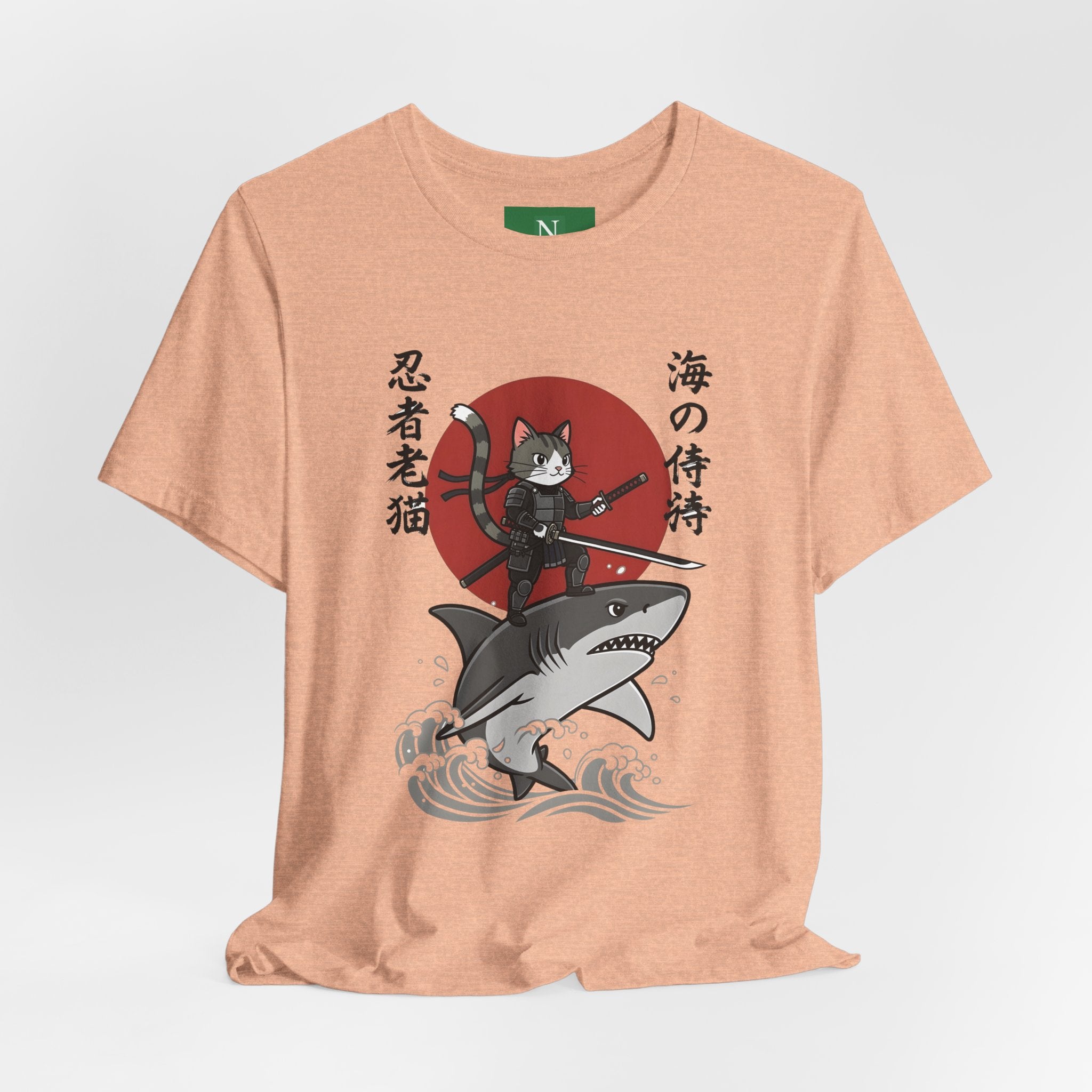 Ninja Cat Riding Shark T‑Shirt — Japanese Samurai Style Graphic Tee