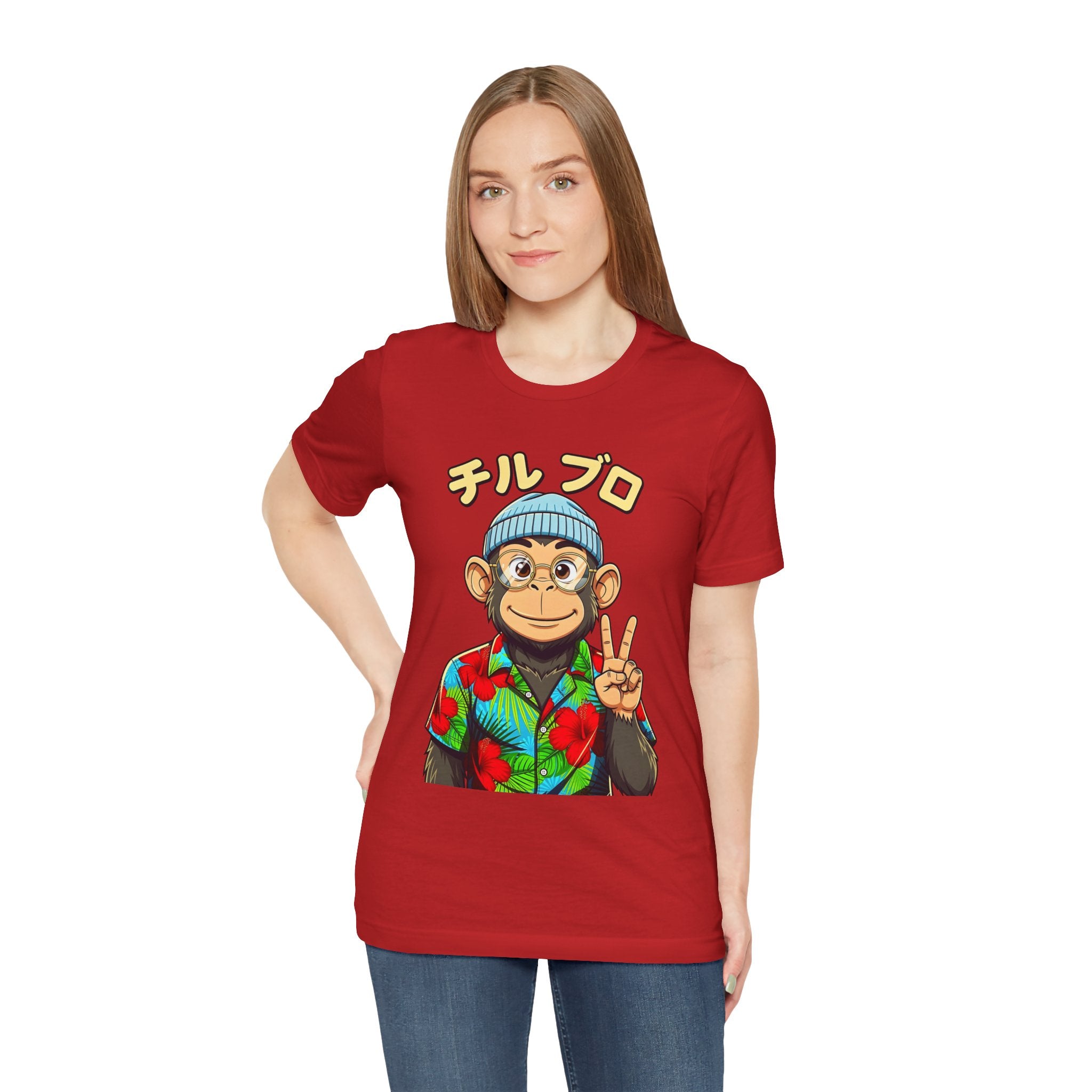 Monkey Peace Sign Tee — Hawaiian Shirt Chimp Graphic with Japanese Text